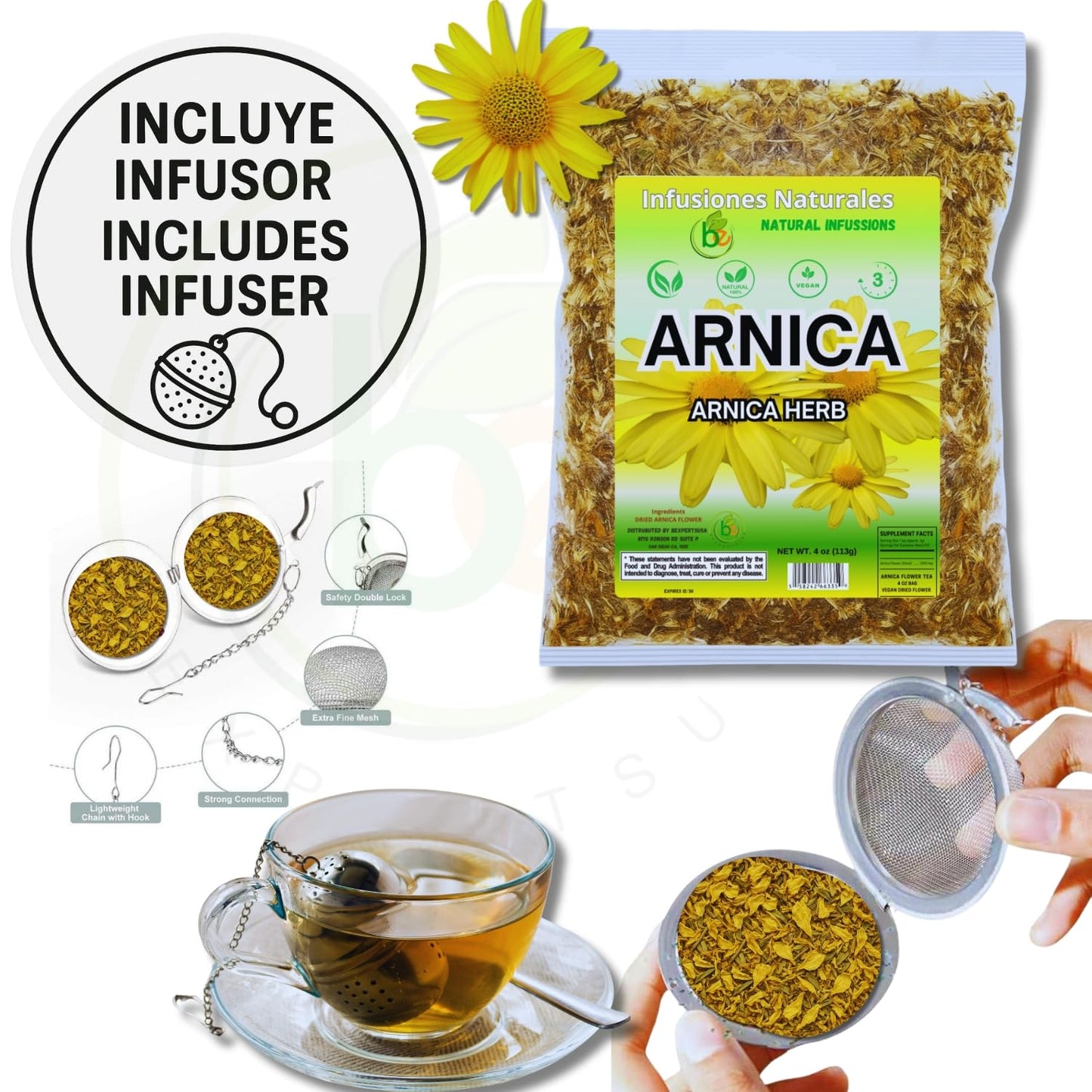 BEXPERTSUSA Arnica Flor Herbal Tea Loose Leaf 4 oz - Caffeine-Free, Non-GMO, Vegan, Wildcrafted from Mexico with Stainless Steel Infuser