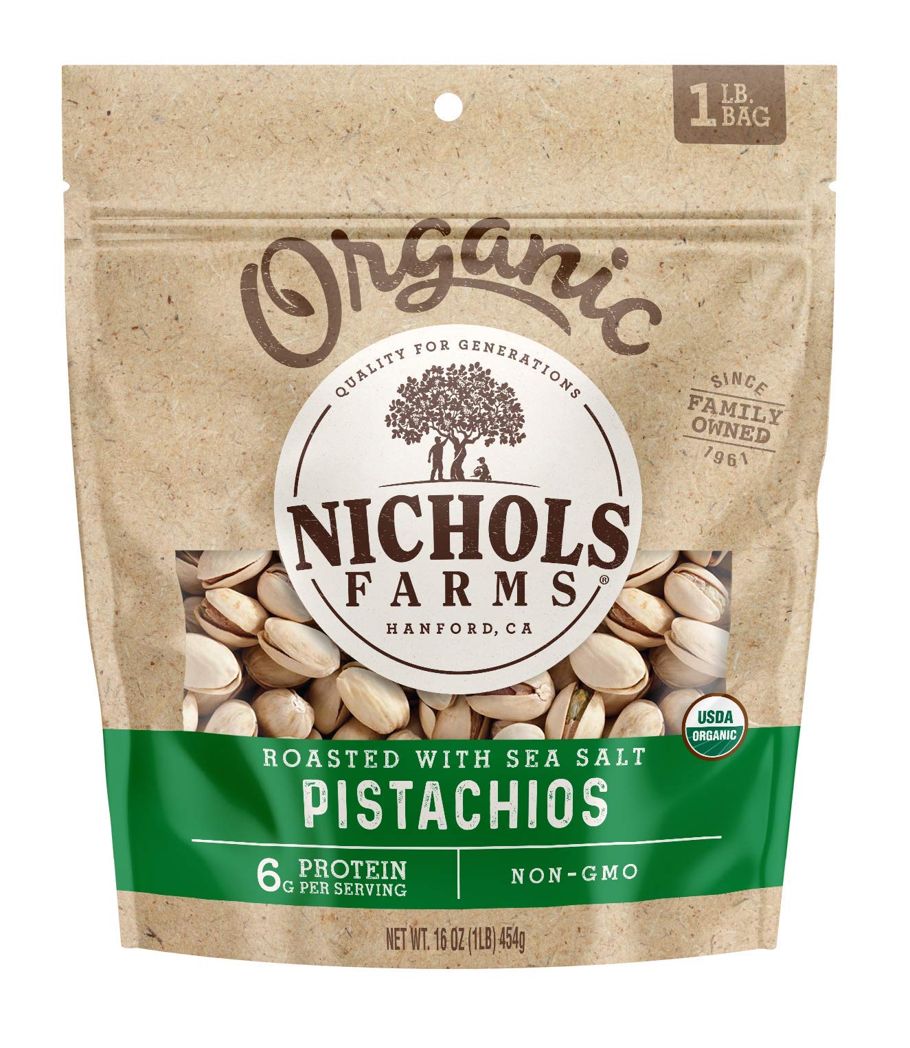 Nichols Farms Organic Inshell California Pistachios  Healthy Protein Snack  Roasted With Sea Salt  1Lb