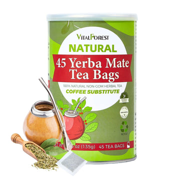 45 Yerba Mate Tea Bags, VitalForest Unsmoked Yerba Mate Argentina, Energy Burst Yerba Tea, NO Dust, NO Stems, from Rainforest, R