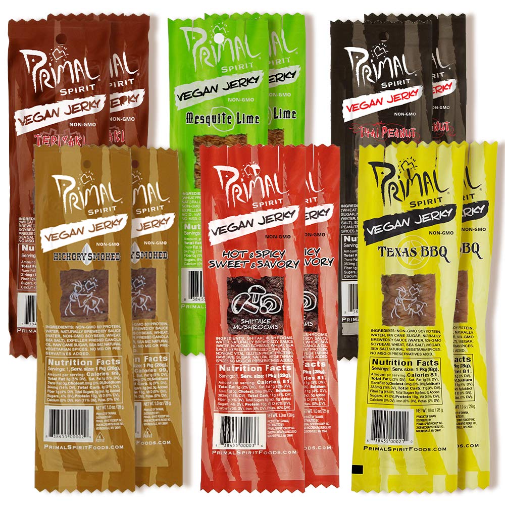 Primal Spirit Vegan Jerky Sampler Pack, Plant Based Protein, 10g, 12-Pack, 1 Ounce each, Non-GMO