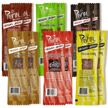 Primal Spirit Vegan Jerky Sampler Pack, Plant Based Protein, 10g, 12-Pack, 1 Ounce each, Non-GMO