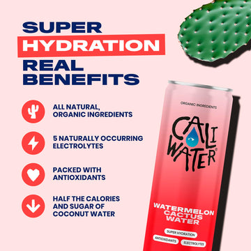 CALIWATER Organic Cactus Water, Watermelon Flavor, 12 Fl Oz (Pack of 12), Low Sugar Hydration Drink