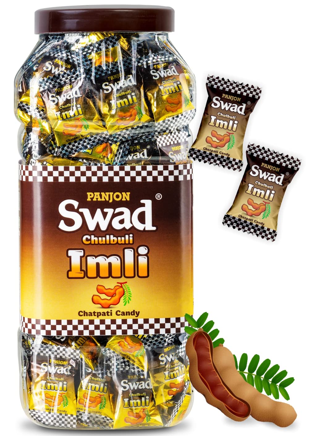 Swad Chulbuli Imli Hard Candy Jar 150 Pieces Authentic Tangy Tamarind Chatpati Candy Traditional Indian Snack Natural Ingredients Mouth Freshener Perfect Party Favor Gift
