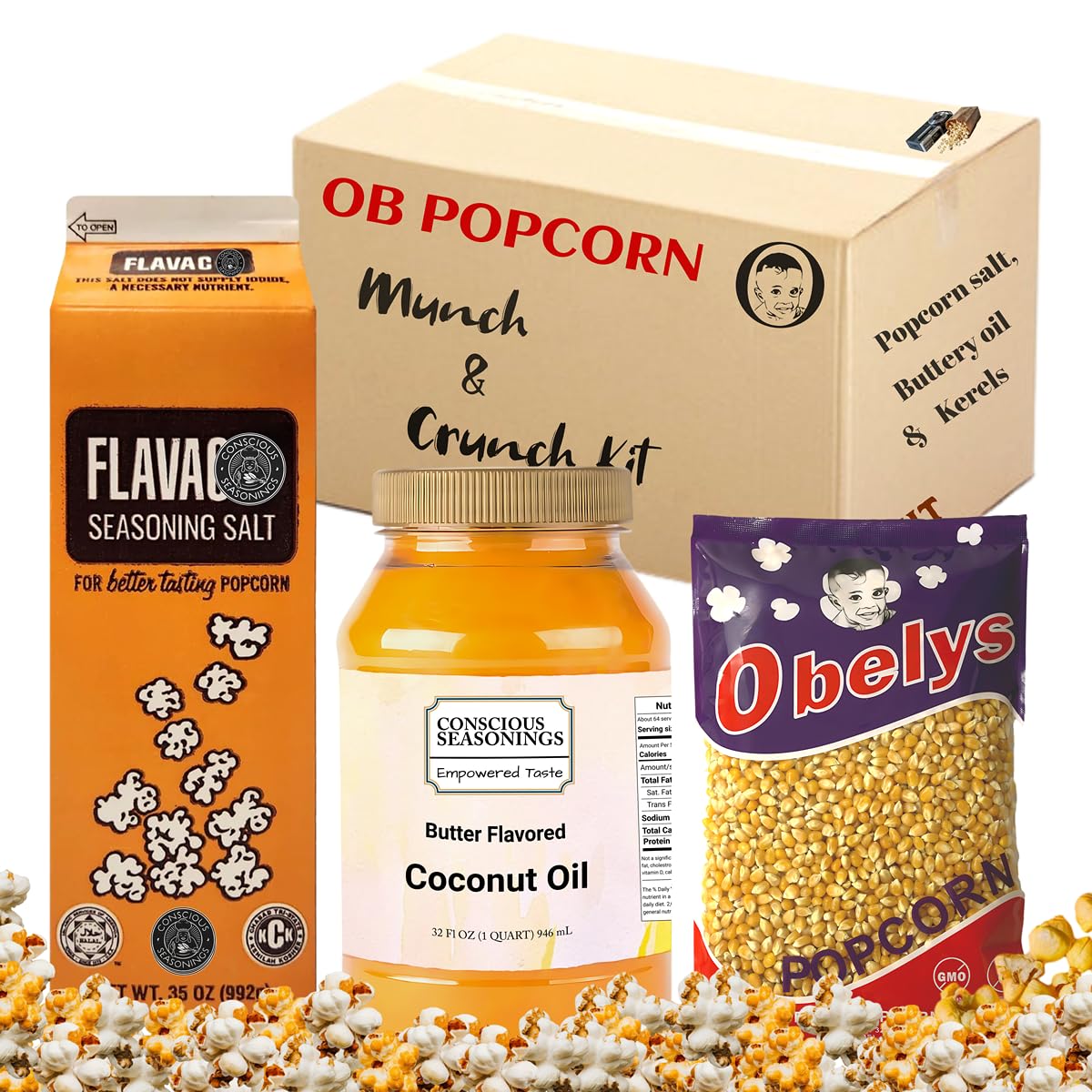 OBELYS All-In-One Popcorn Kit | Butter Flavored Coconut Oil 32oz, Seasoning Salt 35oz, Yellow Kernels 32oz | 64 Ounce (Pack of 