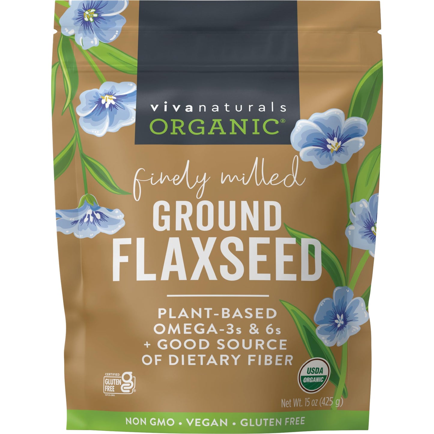 Viva Naturals Organic Ground Flaxseed - Plant-Based Protein, Vegan Omega-3, 15 oz