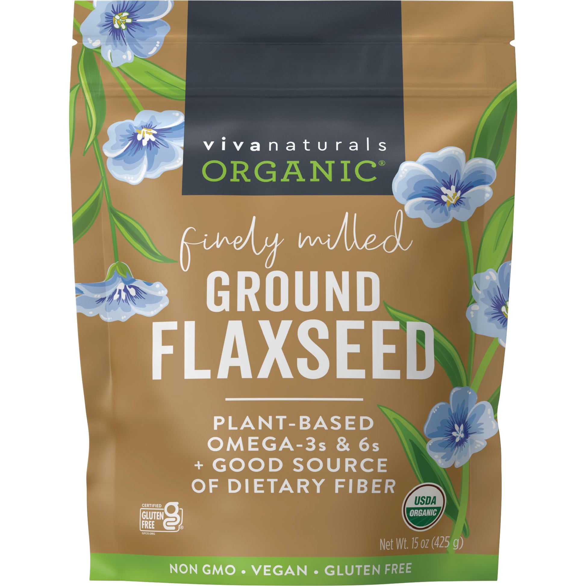 Viva Naturals Organic Ground Flaxseed - Plant-Based Protein, Vegan Omega-3, 15 oz
