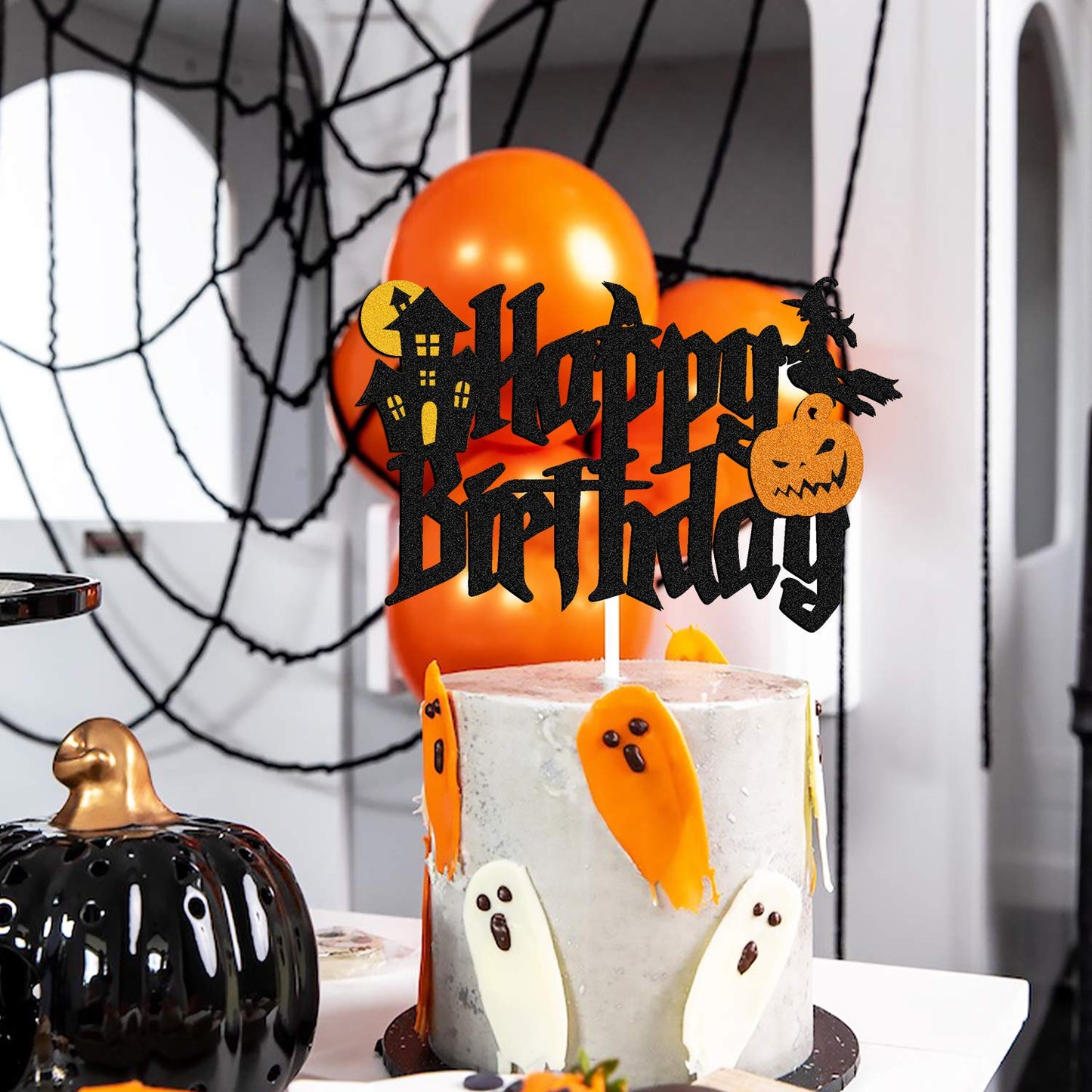 YOYMARR Halloween Cake Topper for Wizard Ghost Pumpkin Theme, Black Sparkle Decor, 7.3 x 4.75, Ideal for Birthday Party Supplies