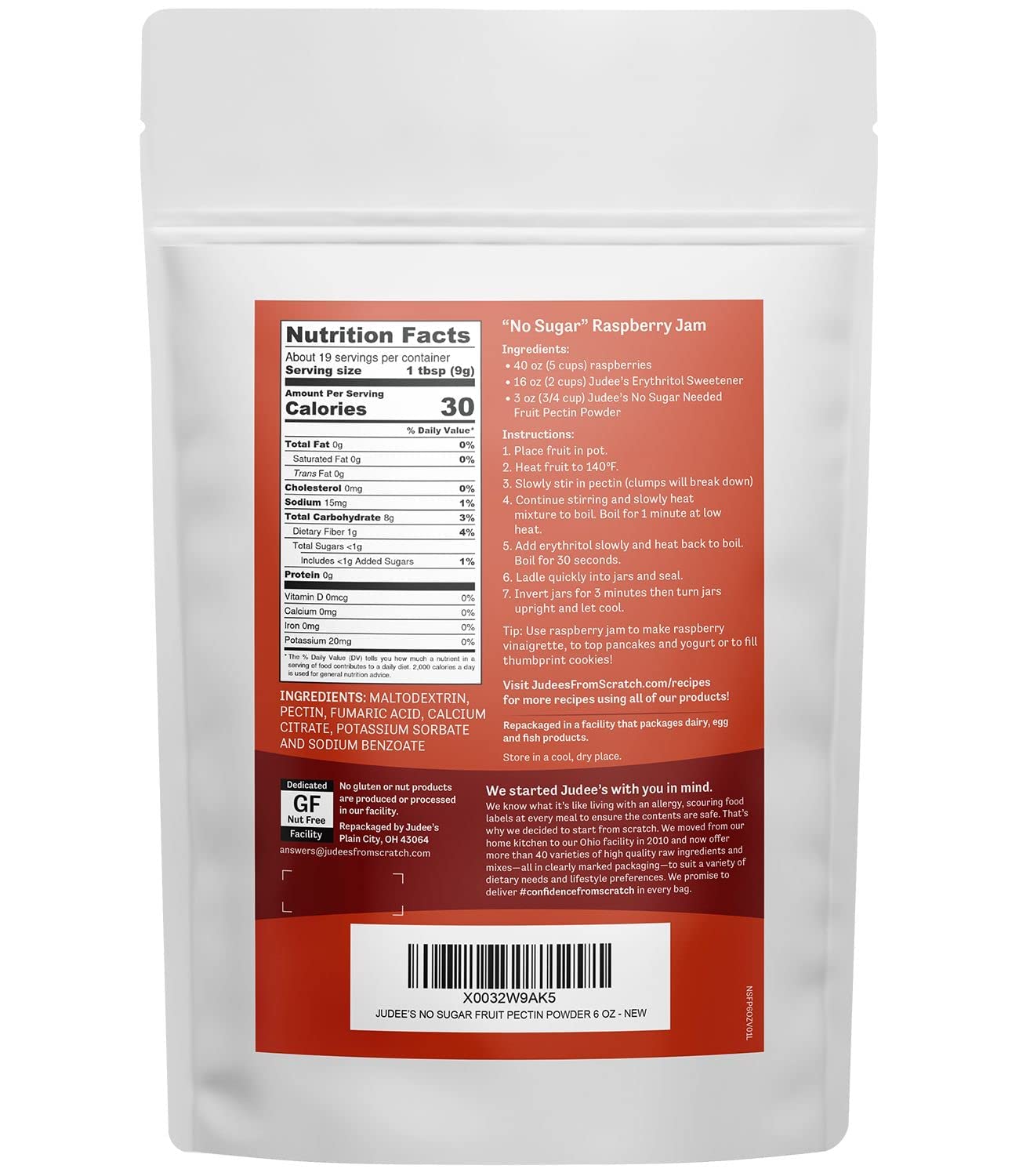 Judee's Fruit Pectin Powder No Sugar Needed 6 oz - 100% Non-GMO and Vegan - Gluten-Free and Nut-Free - Made in USA - Great for T