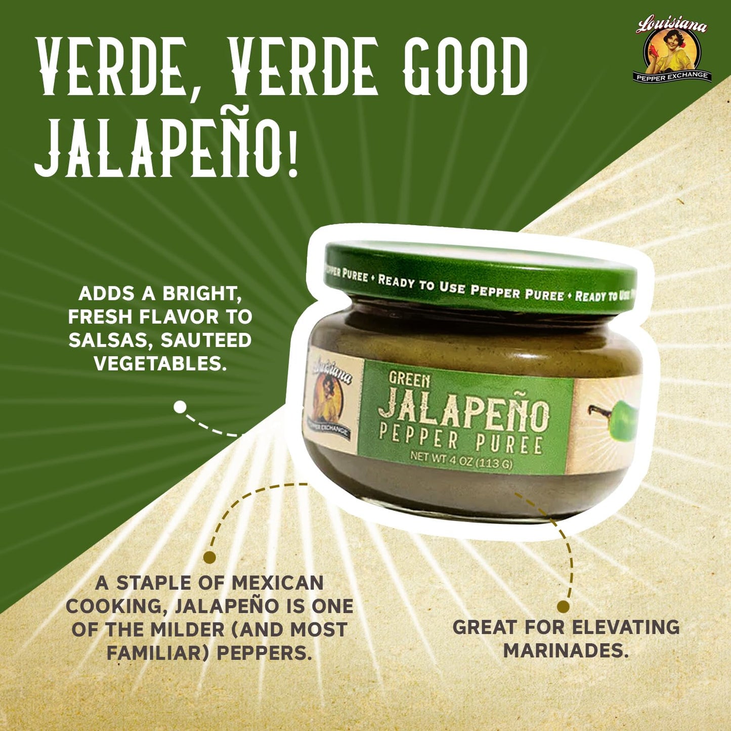 Green Jalapeno - Louisiana Pepper Exchange - Fresh Pepper Replacement (Green Jalapeno Pepper Puree) 1 Jar - Plant-Based, Gluten-