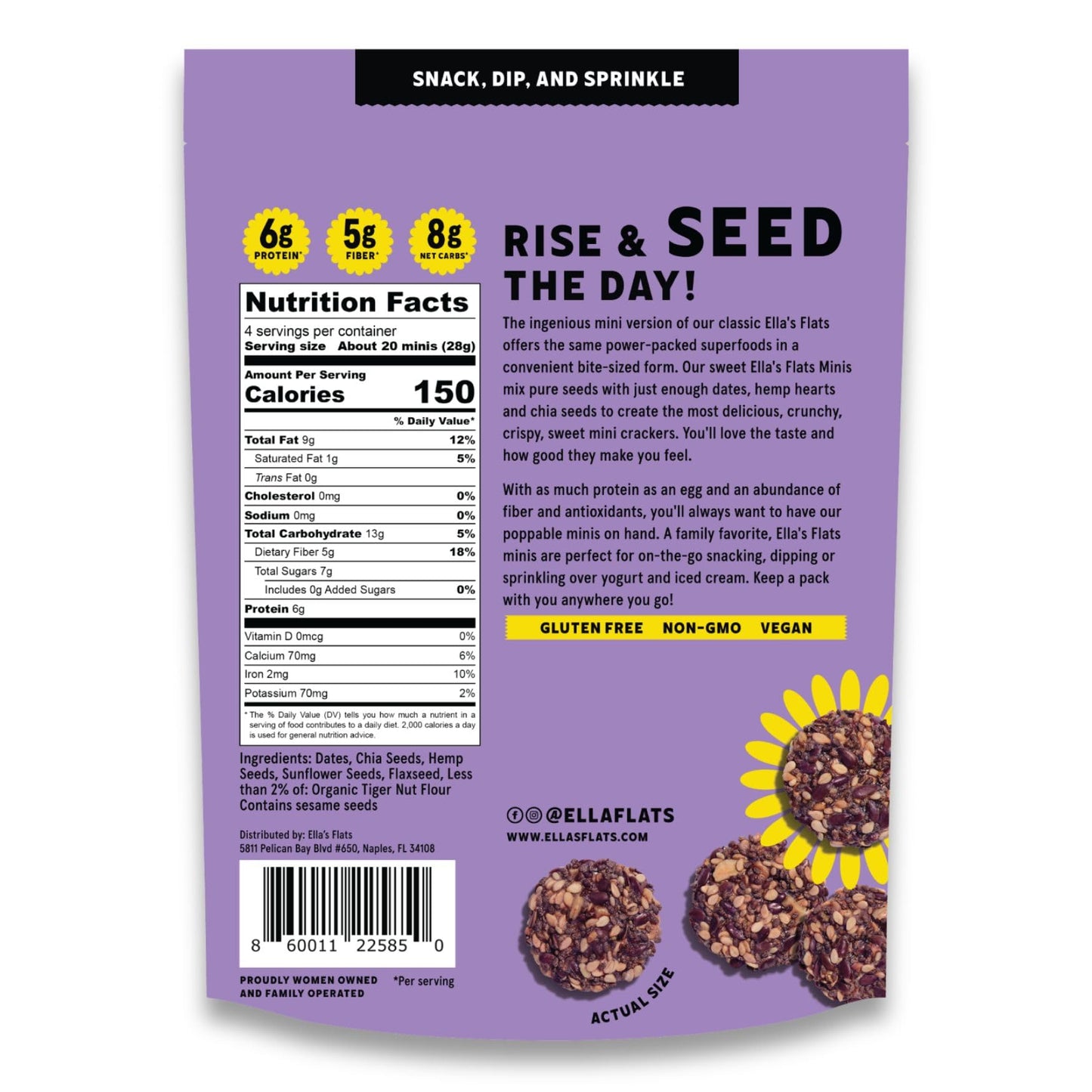 Ellas Flats Minis - Sweet (3 Pack) - Superfood seed crackers - Naturally sweetened with dates - 6g protein, 5g fiber, low carb