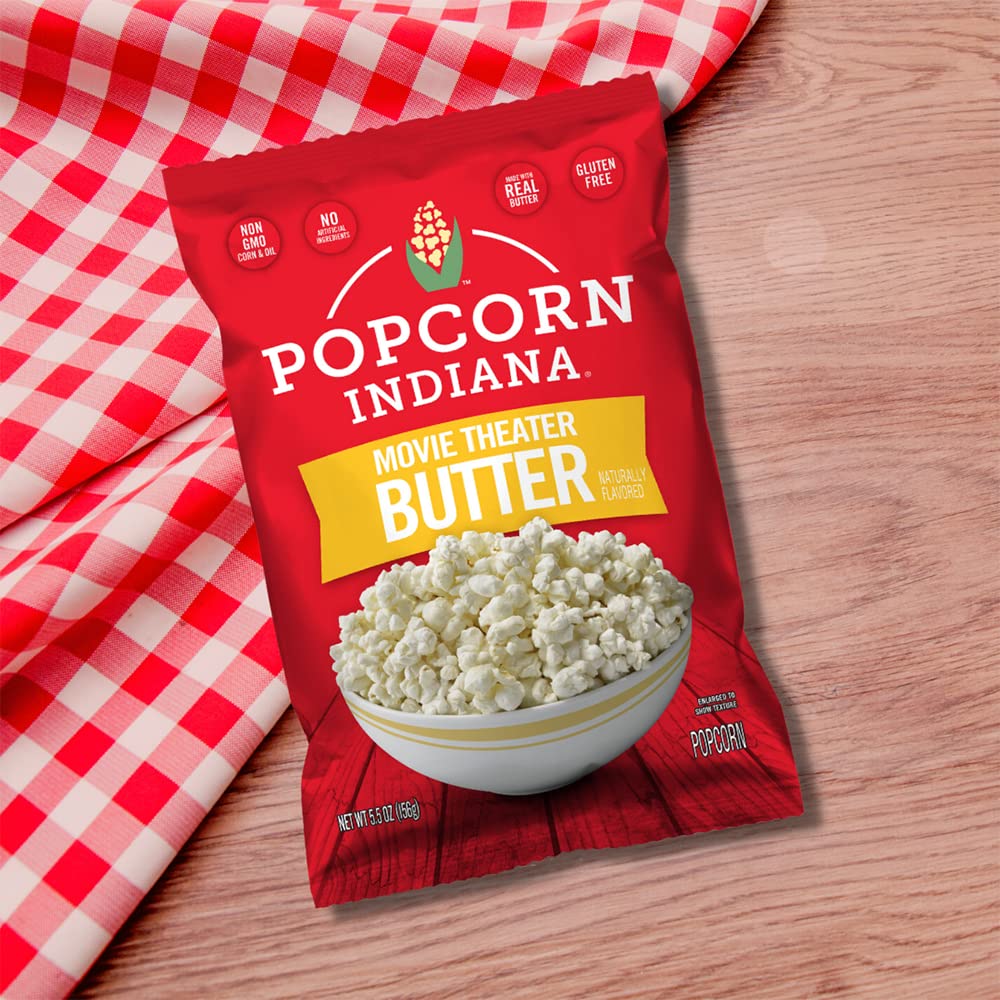 Popcorn Indiana Movie Theater Butter Popcorn (3 oz Bags - 6 Pack) Pre-Popped Popcorn Made with Real Butter, Gluten Free, No Arti