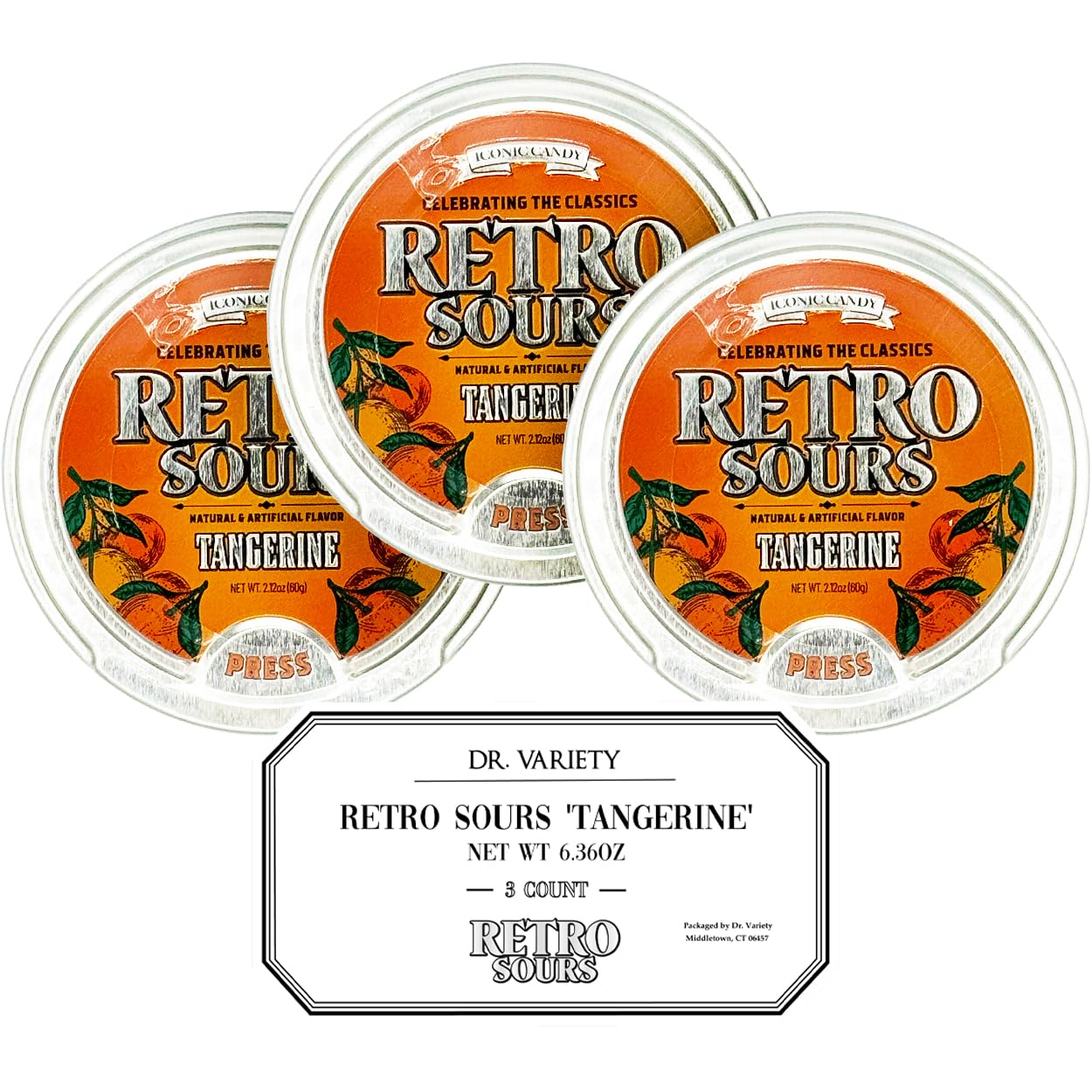 Retro Sours Tangerine (3 Pack) - Nostalgic Sour Candy  3 Hard Candy Tins - Retro Sour Drops  Orange Mints