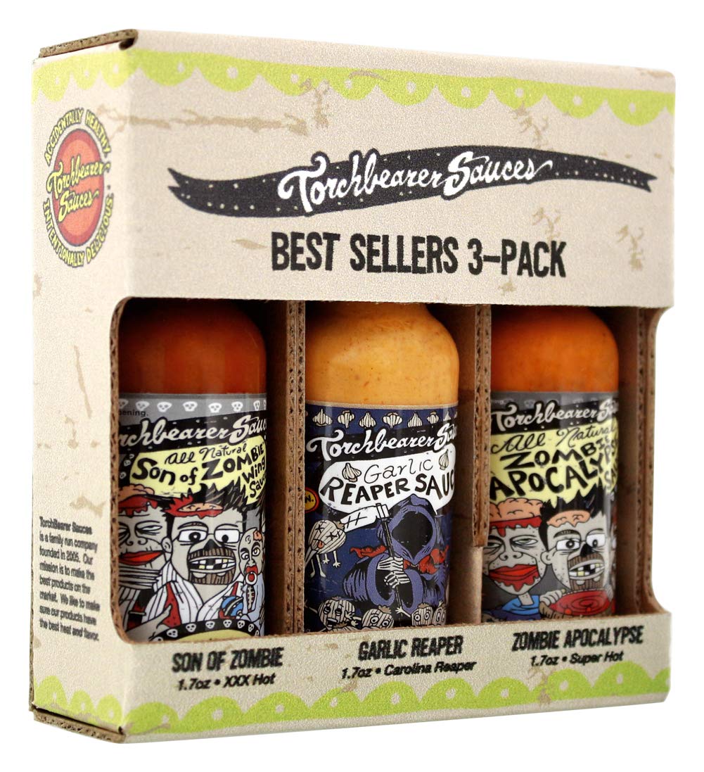Torchbearer Sauces Best Sellers 3-Pack Mini Hot Sauce Gift Set, 1.7 Oz each - Zombie Apocalypse, Garlic Reaper, Son of Zombie