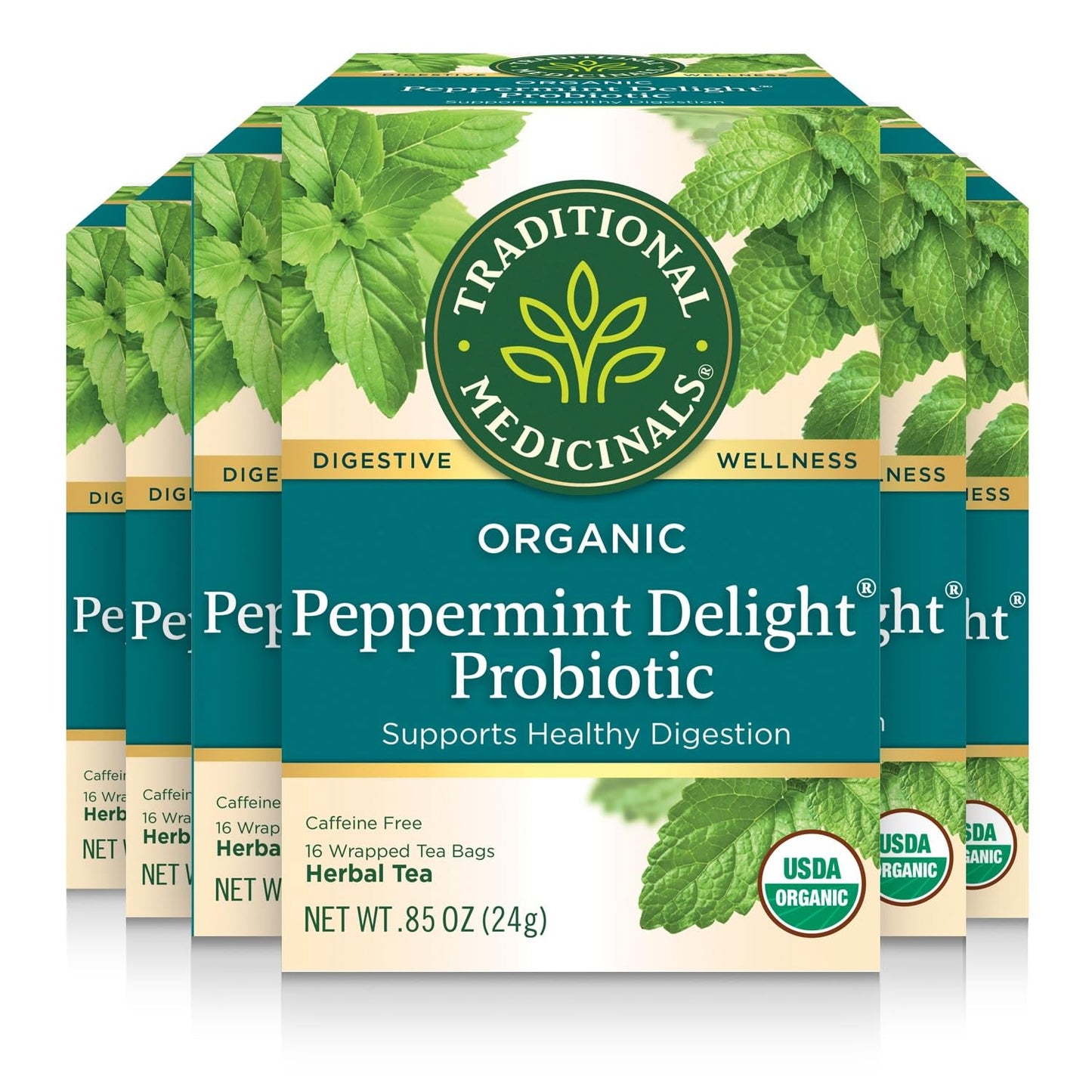 Traditional Medicinals Tea, Organic Peppermint Delight Probiotic, Supports Healthy Digestion, 96 Tea Bags (6 Pack)