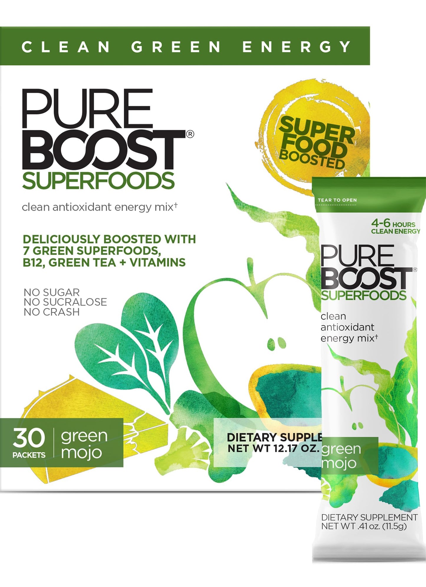 Pureboost Clean Energy Drink Mix with B12, 7 Organic Superfoods, 30 Count, Green Mojo
