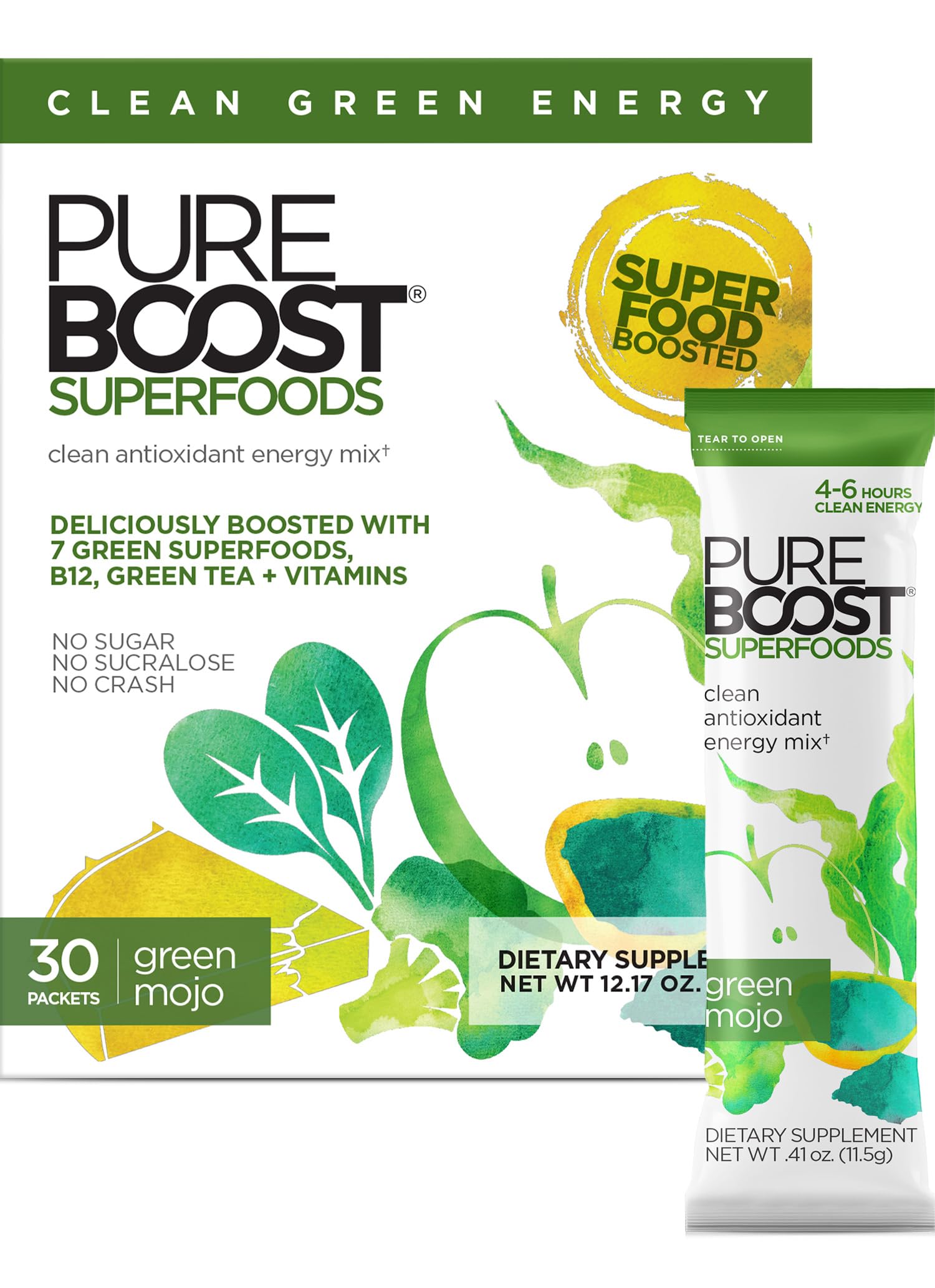 Pureboost Clean Energy Drink Mix with B12, 7 Organic Superfoods, 30 Count, Green Mojo