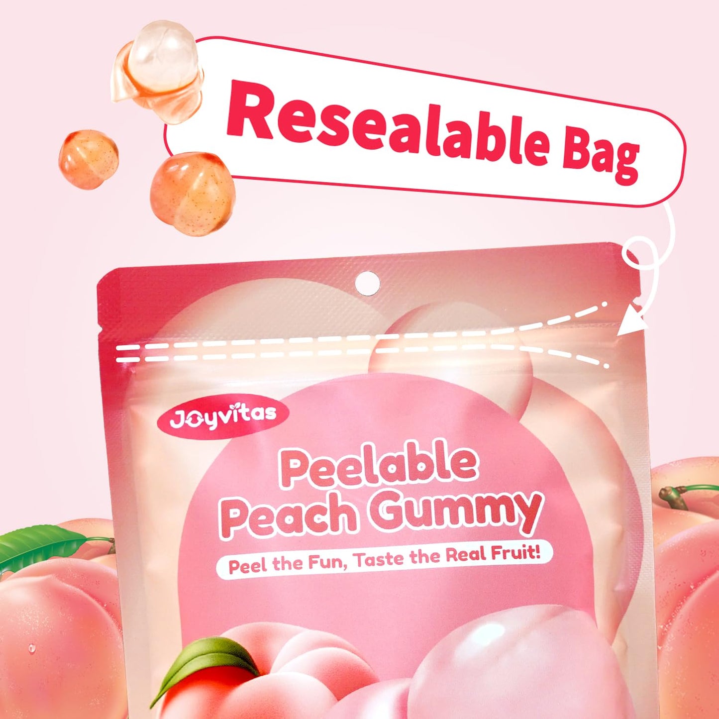 Joyvitas Peelable Gummy Peach Candy, Low Sugar, Individually Wrapped, Resealable Snacks, 25.4oz (Pack of 8)