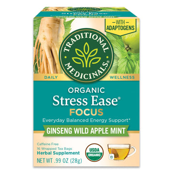 Traditional Medicinals Tea, Organic Stress Ease Focus, with Adaptogens, Everyday Balanced Energy, Ginseng Wild Apple Mint, 16 Te