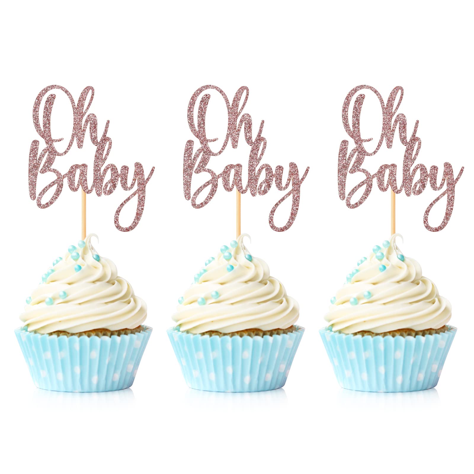 24 Pieces Oh Baby Cupcake Topper Rose Gold Glitter Baby Shower Cake Decorations Boys Girls Birthday Party Supplies