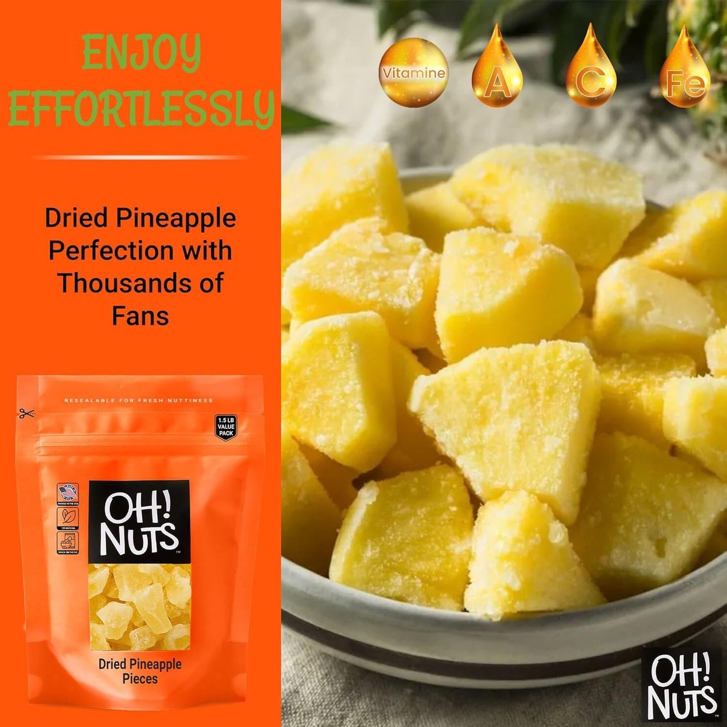 Dried Pineapple | 1 lb - Dried Fruit Chunks | Less Sugar Added | Dehydrated Fruit Bites | Packed in New York Zip-Seal Bag for Ex