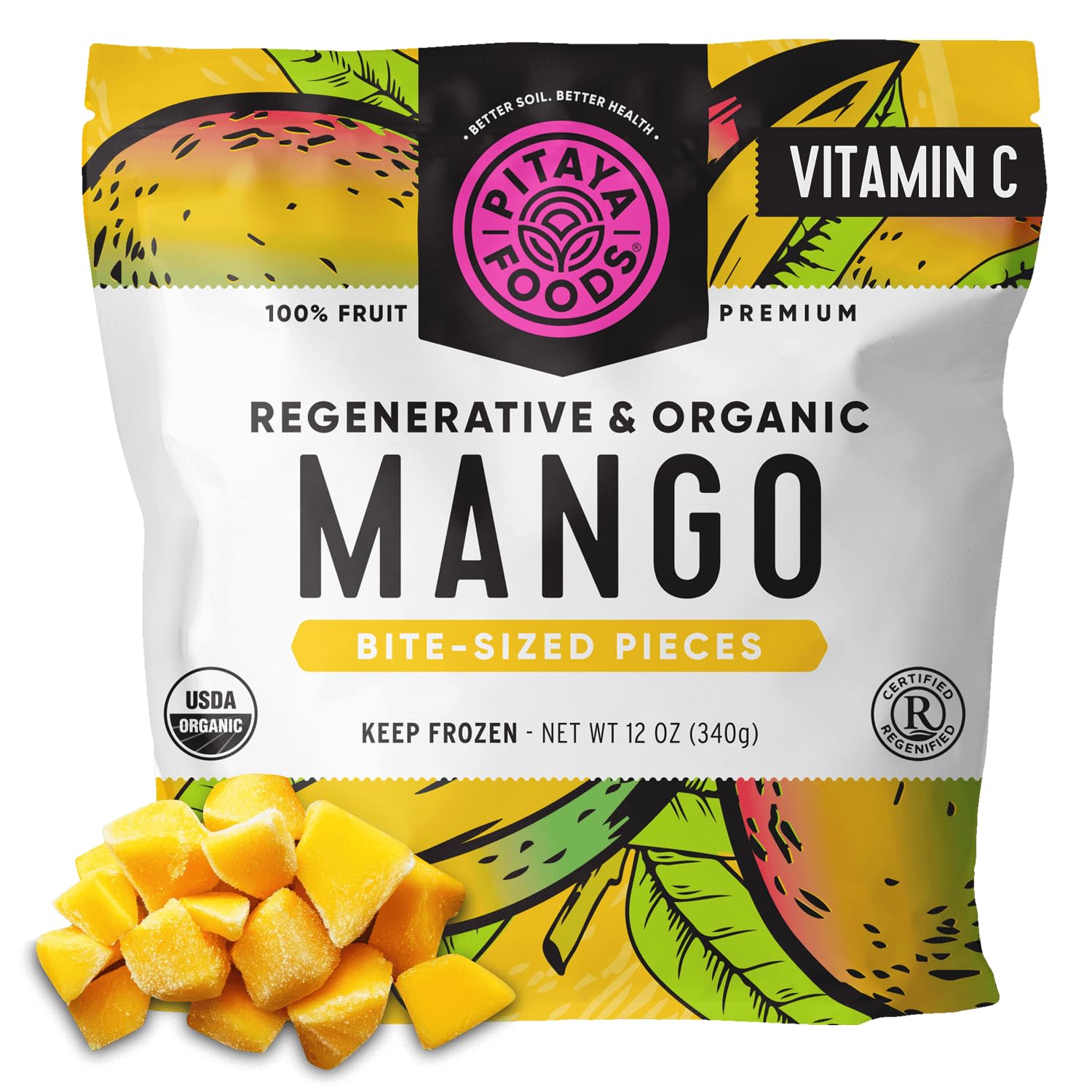 Pitaya Foods Regenerative Organic Mango Bite-Sized Pieces, Pre-Packaged Frozen Fruit, No Added Sugar or Preservatives, Containin