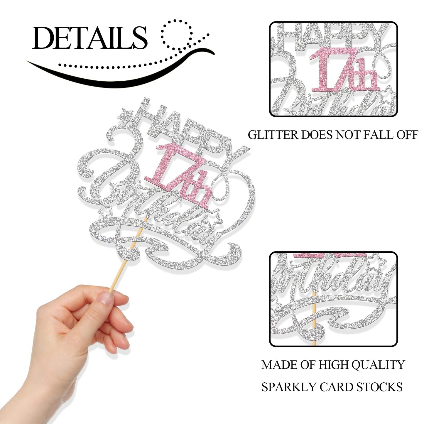 Monmon & Craft Happy 17Th Birthday Cake Topper/Cheers To 17 Years/Girls 17Th Birthday Party Decor Supplies - Silver & Pink Glitt