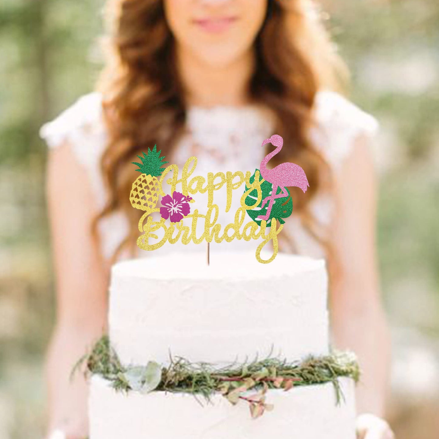 YCTHUNFISH Bamboo Happy Birthday Cake Topper - Flamingo & Palm Leaf Design for Tropical Parties