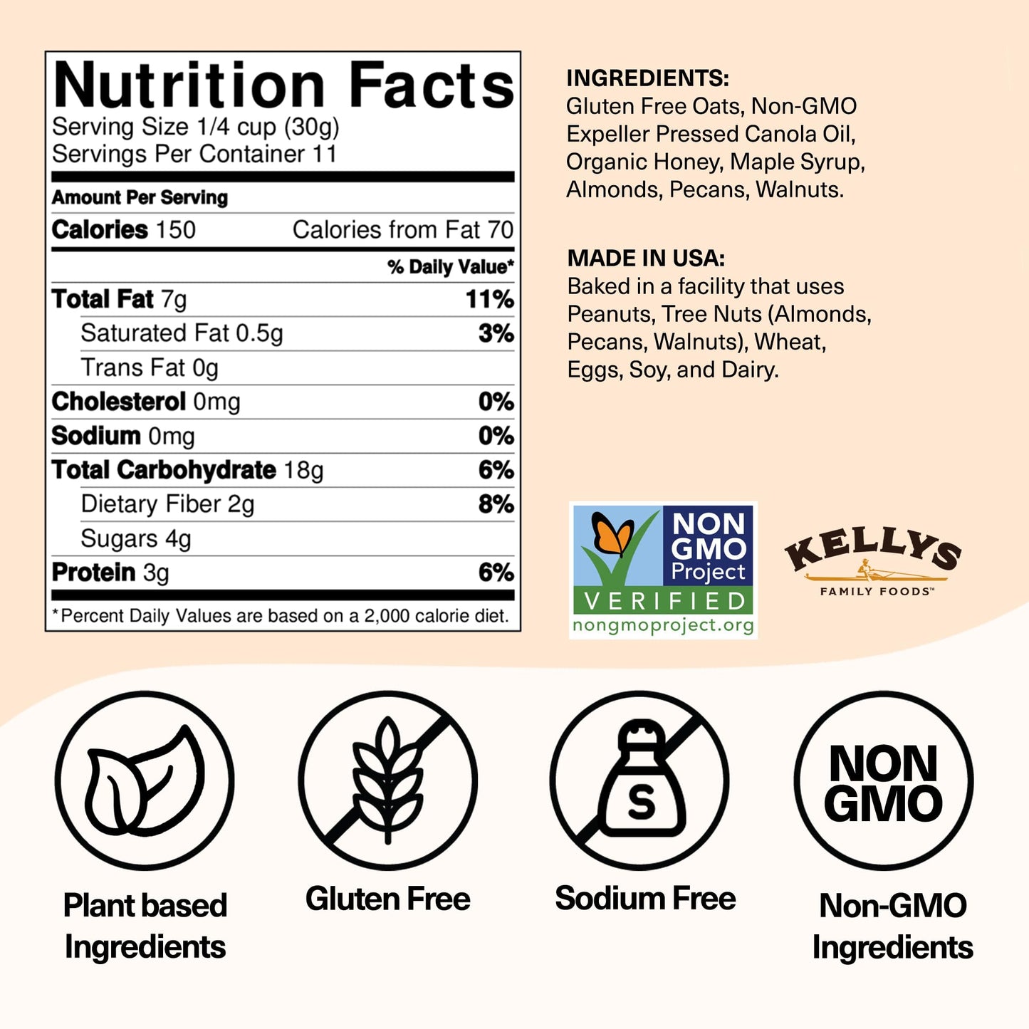Kellys Four Plus Granola Nutty Cereal, Non-GMO, Low Sugar, Gluten Free, 12oz, Pack of 6