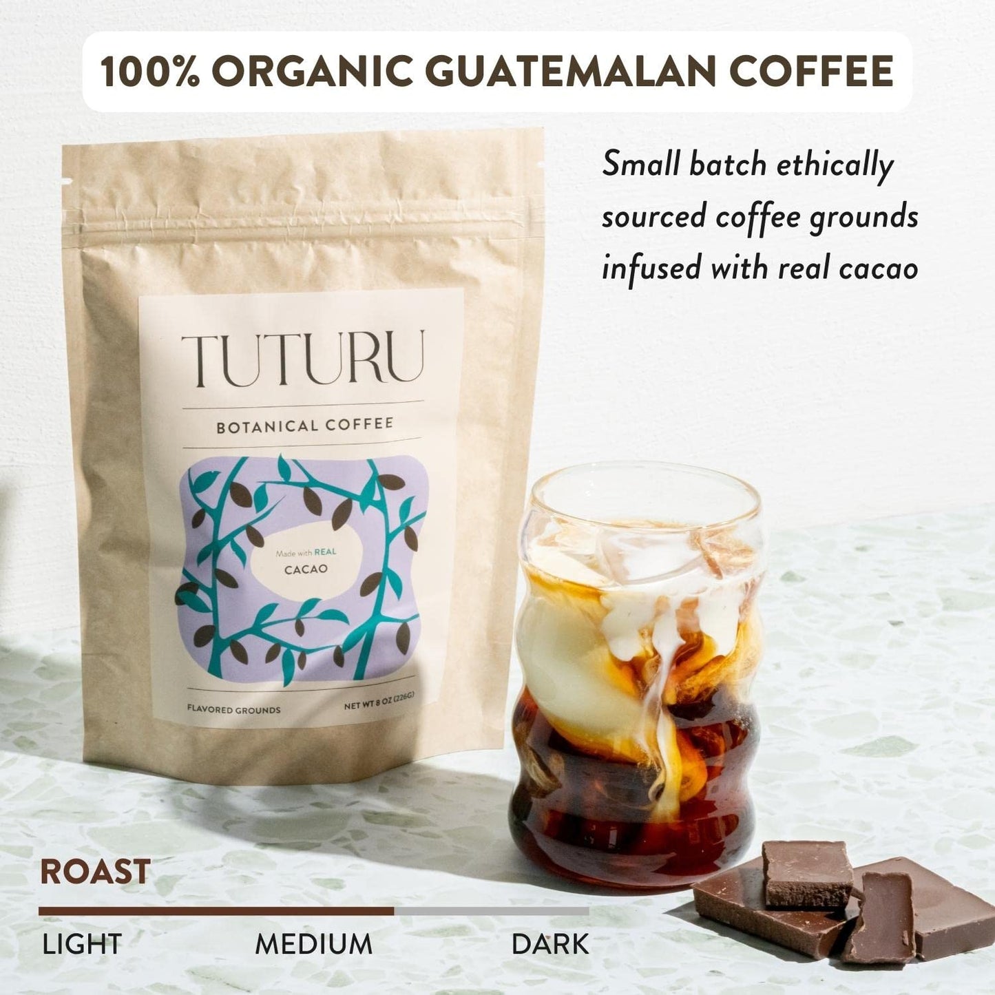 TUTURU Organic Dark Chocolate Ground Coffee - Medium Roast, Low Acid - 8 oz Pack