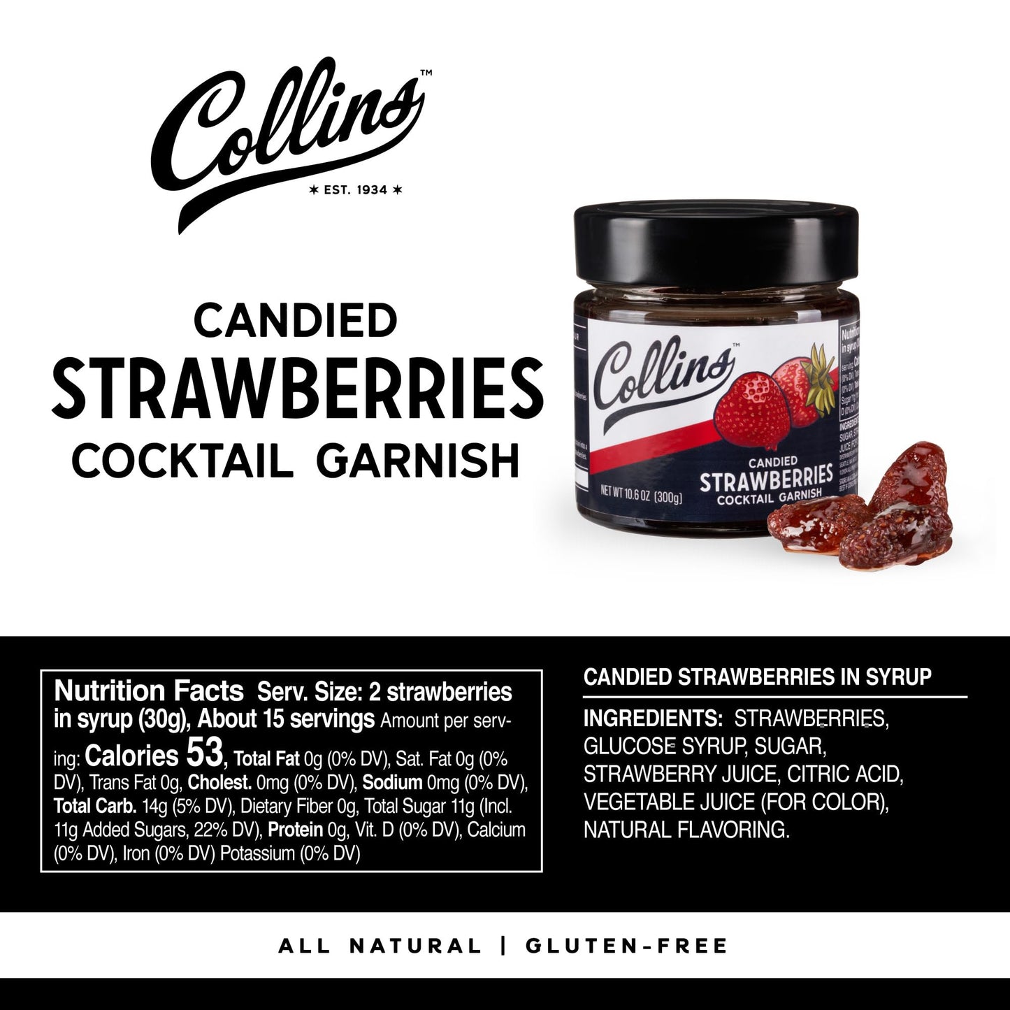 Collins Strawberries in Syrup, Cocktail Garnish, 10.6 oz, Set of 1, Red, Model 11839
