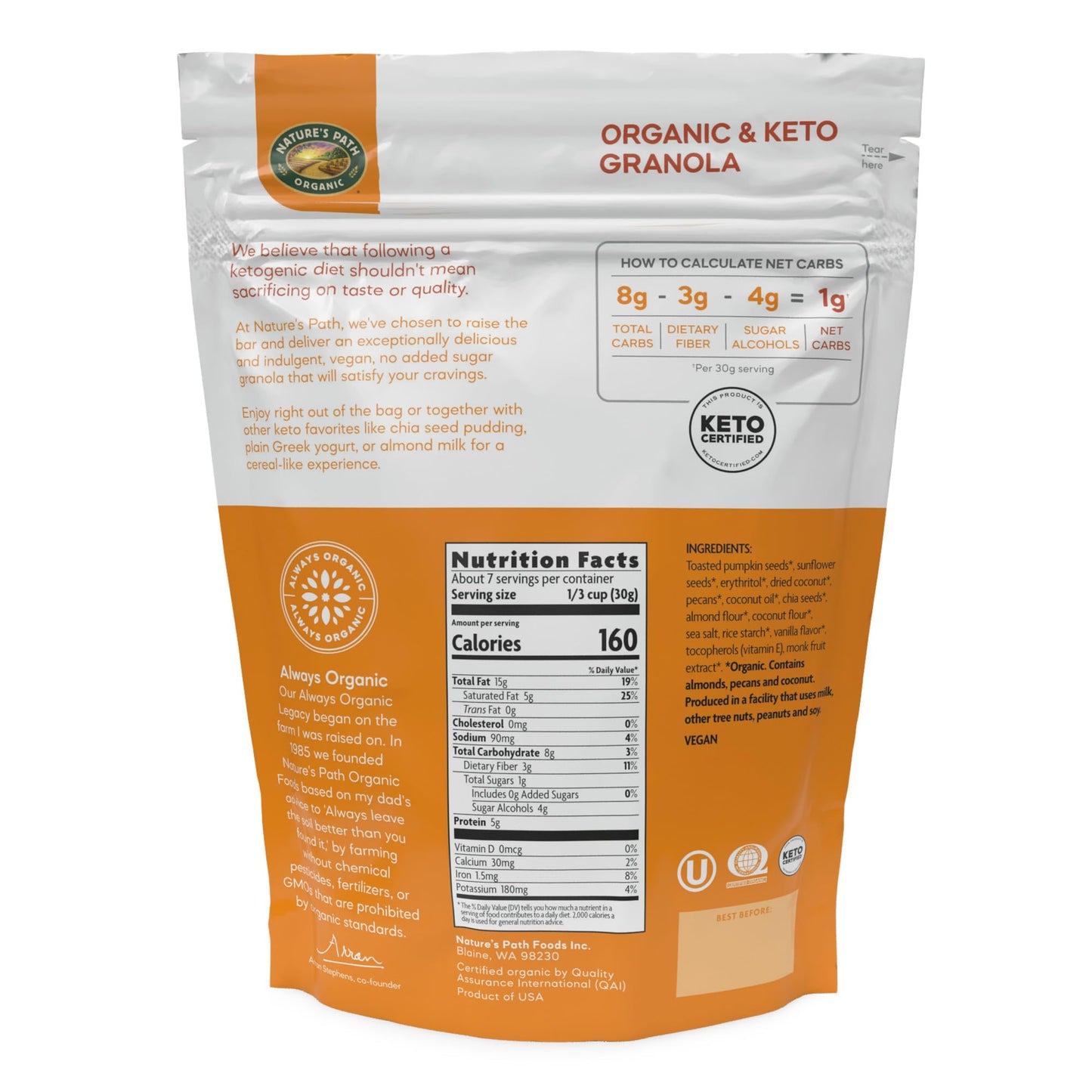 Nature's Path Organic Keto Crunch Granola, Toasted Pumpkin Seed & Vanilla Nut, Gluten Free, 8 oz, Non-GMO, Pack of 1