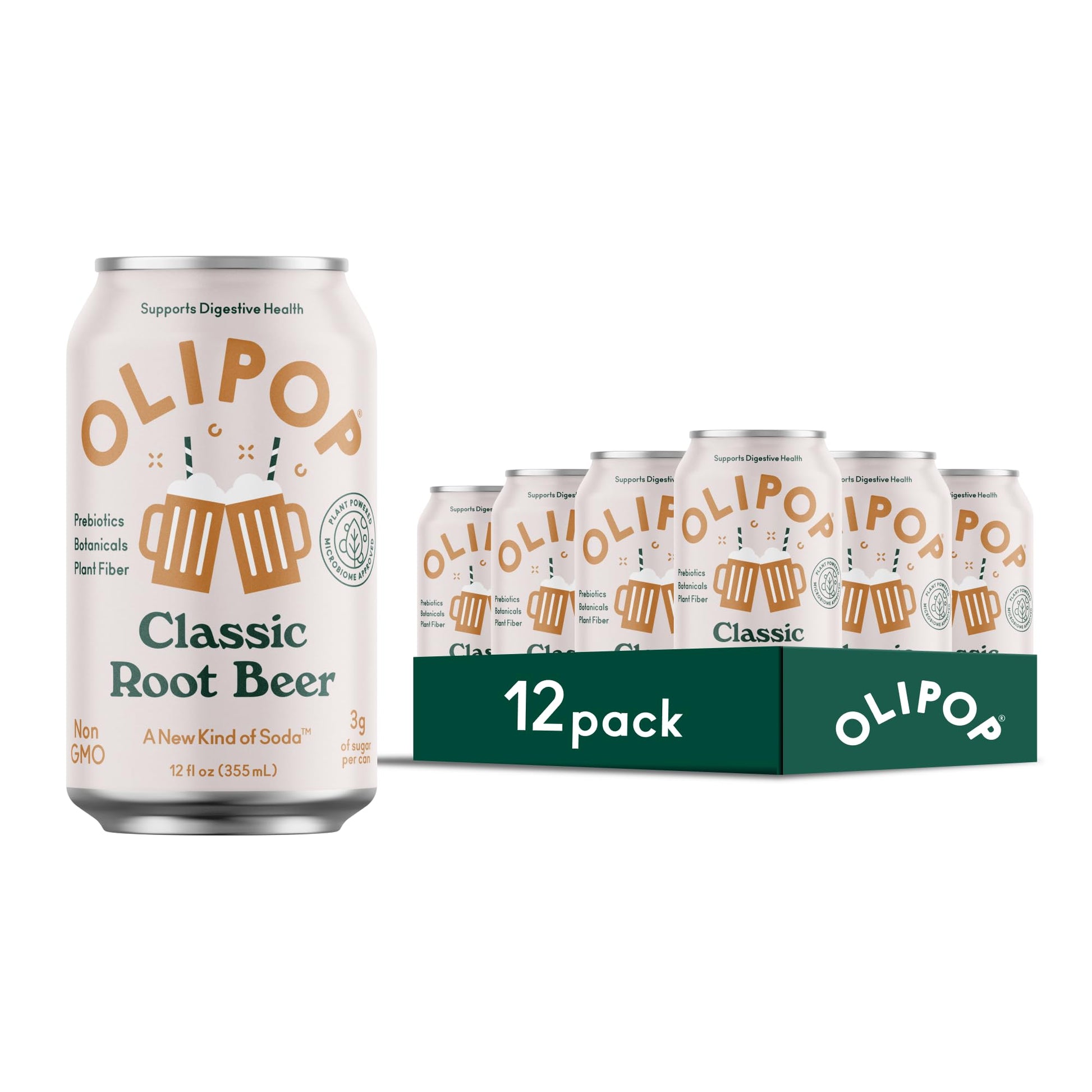 OLIPOP Prebiotic Soda, Classic Root Beer, Gluten Free, Vegan, 12 Fl Oz (Pack of 12)