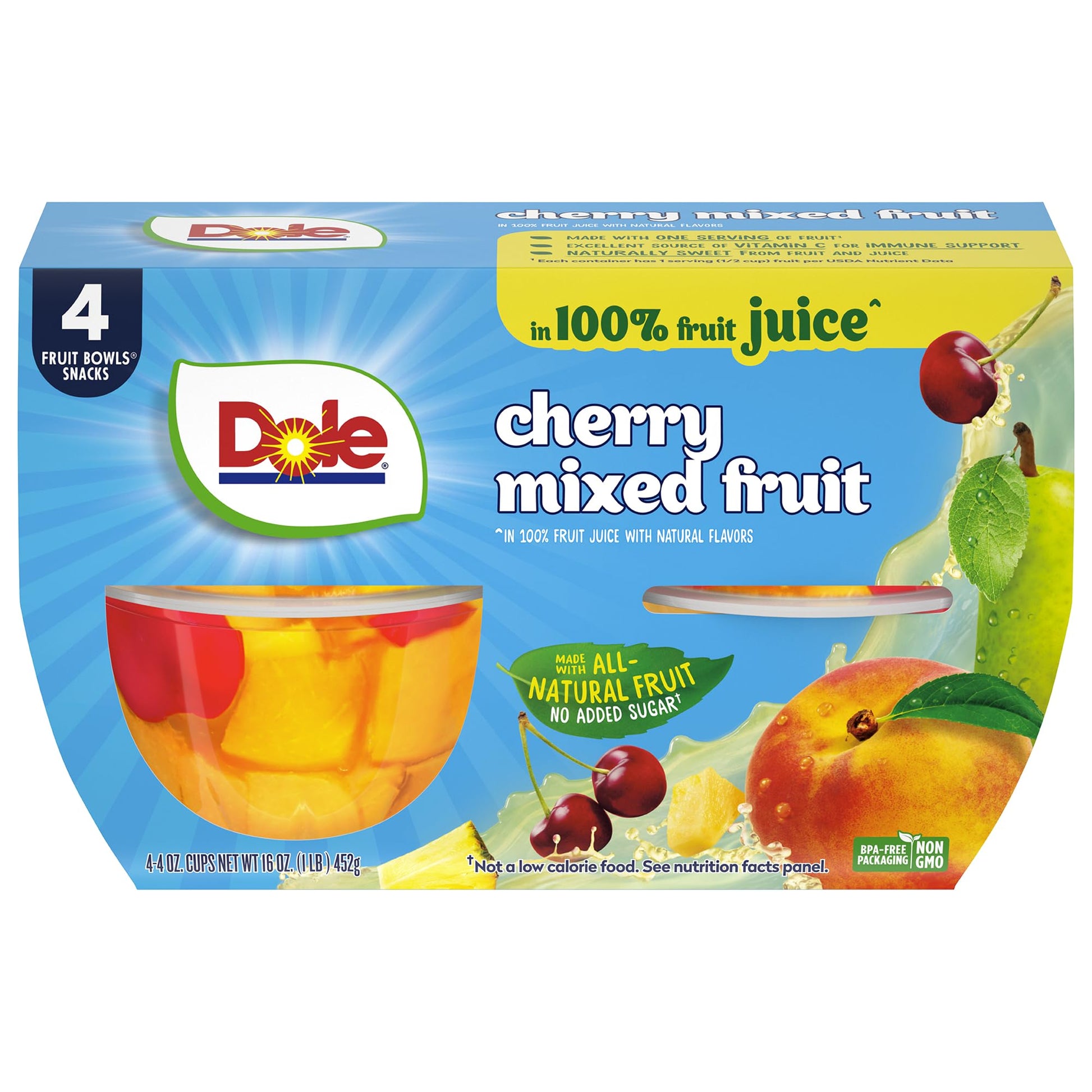 Dole Cherry Mixed Fruit in 100% Juice^ - Dole Fruit Bowls Snacks - 4 oz Fruit Bowls - 4 Pack