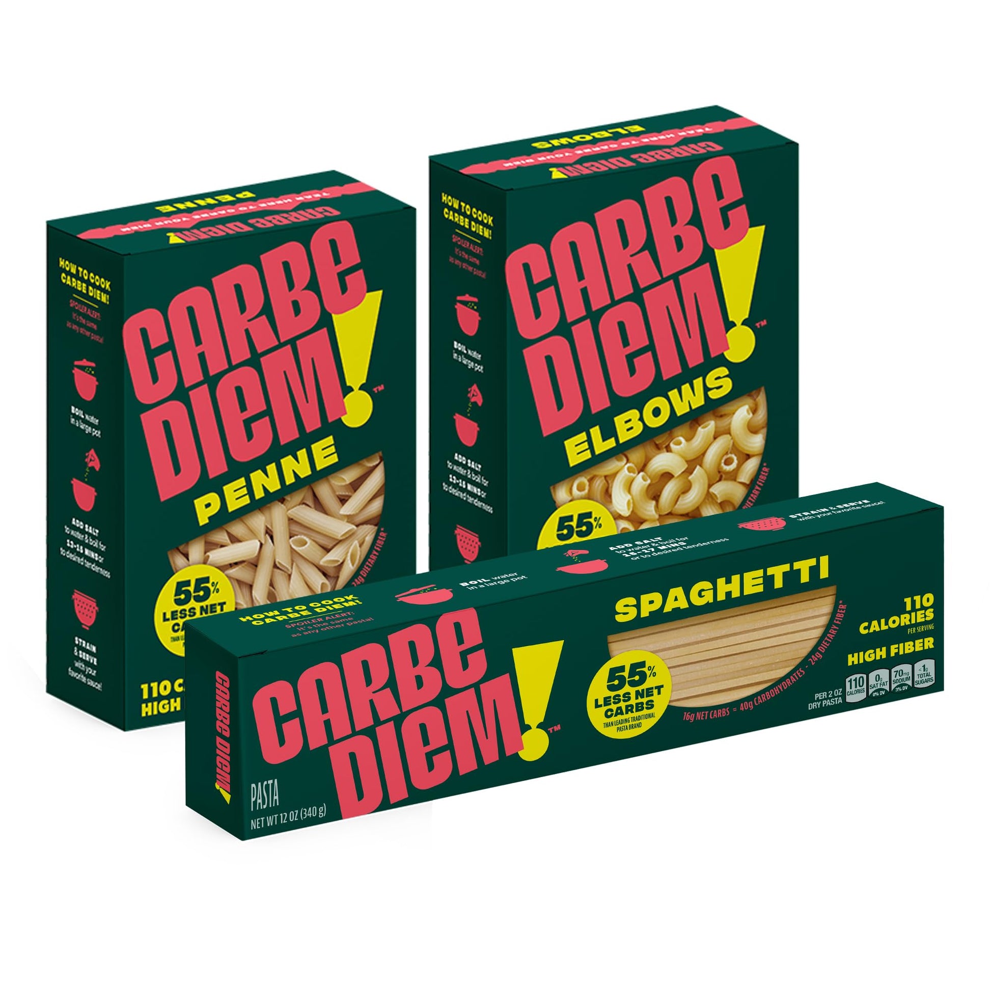 Carbe Diem!  Trio Sampler Pack  Spaghetti  Penne & Elbow  Lower Net Carb Pasta with Traditional Flavor & Texture  8 grams of Protein  Only 110 Calories Per Serving  Pack of 3