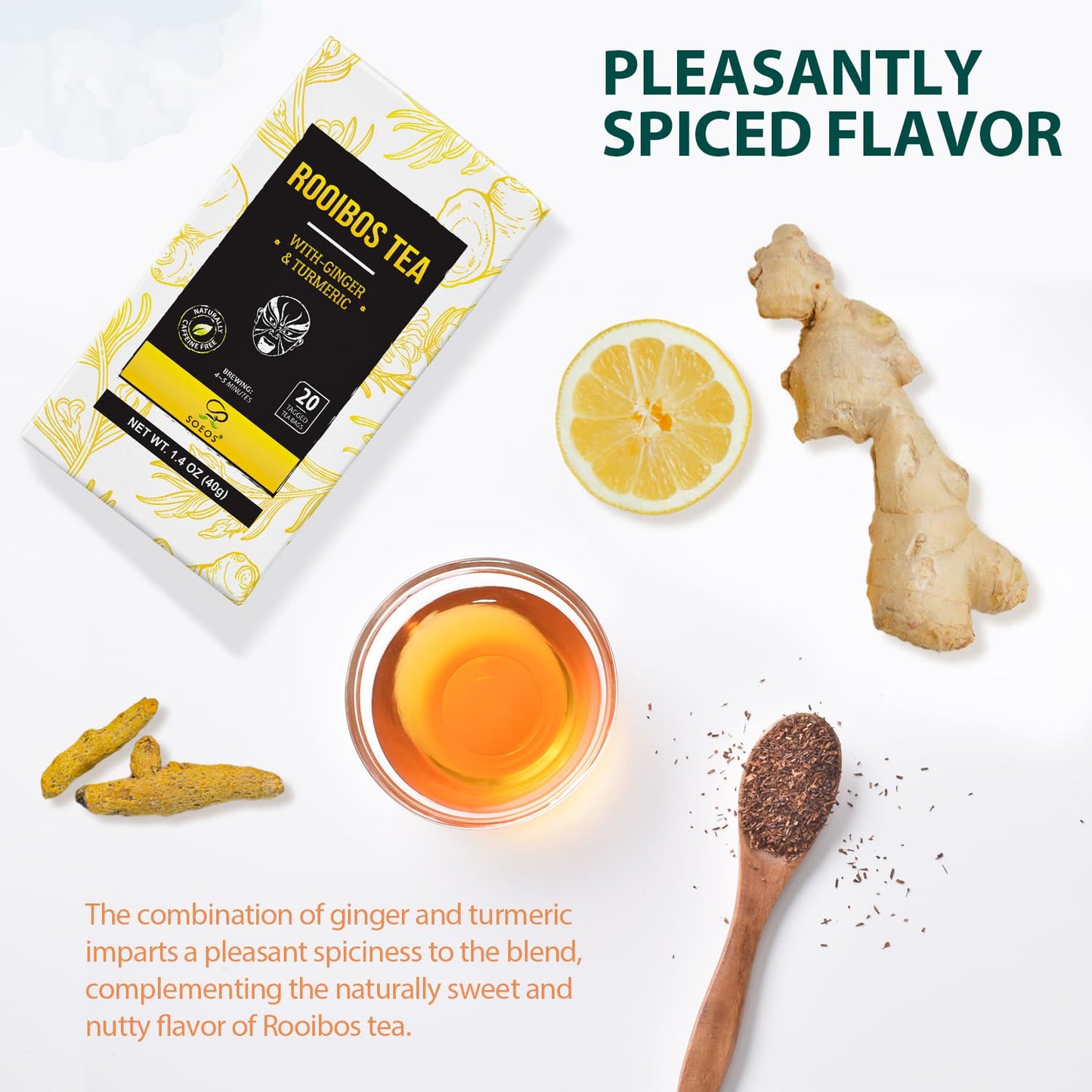 Soeos Ginger and Turmeric Tea, Caffeine Free Rooibos, 20 Teabags, 1.4oz (40g)