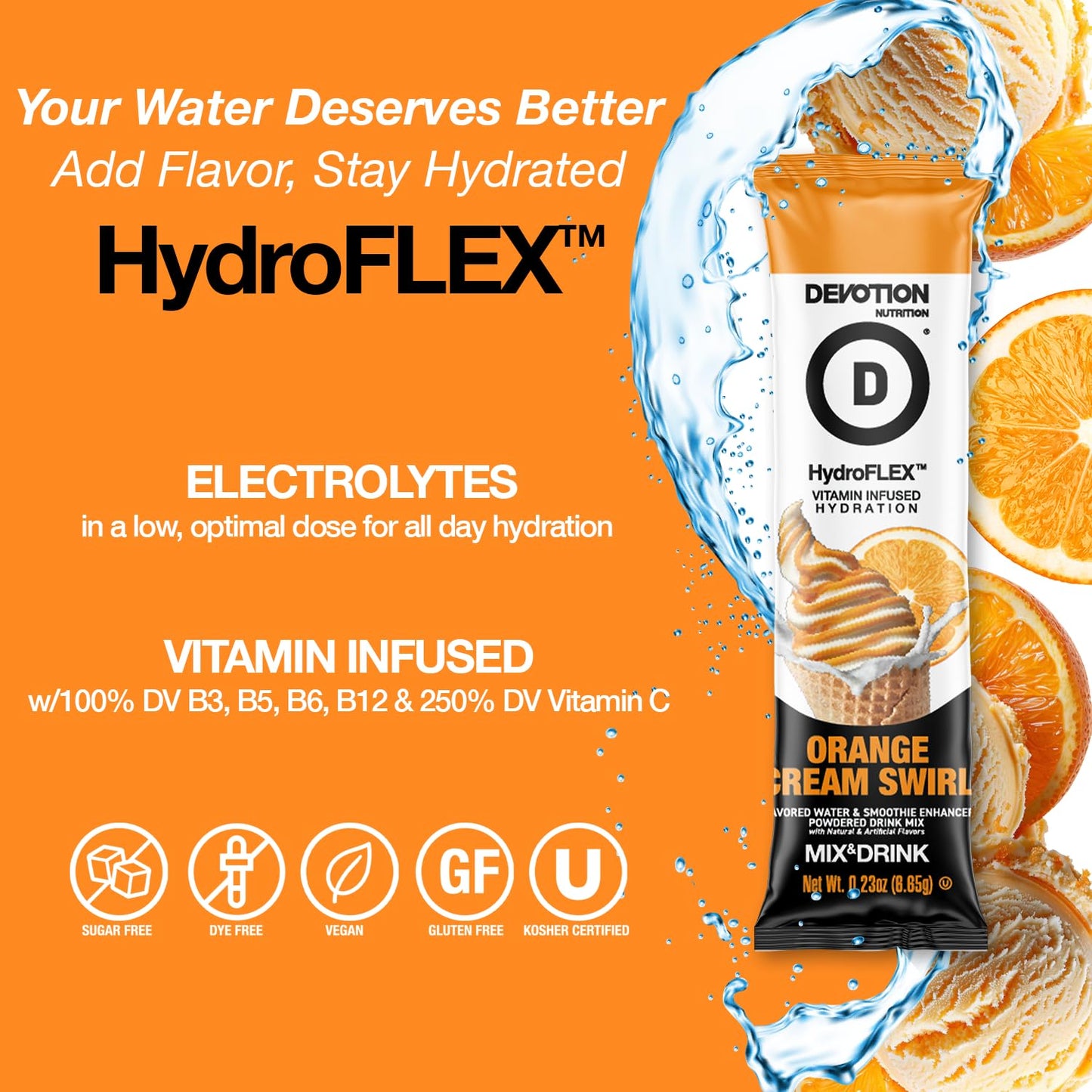 Devotion Nutrition HydroFLEX Water Flavoring Packets, Sugar-Free, Gluten-Free, Orange Cream Swirl, 12-Pack, 2.81 Oz
