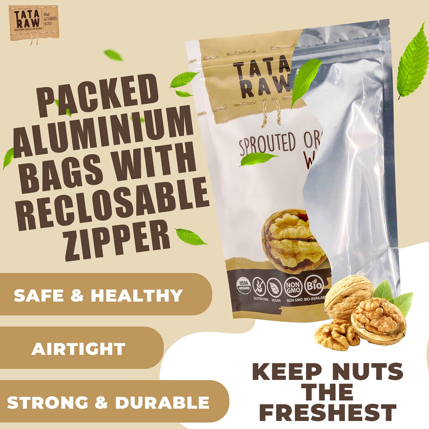 Tata Raw - Sprouted Organic Walnuts - Plain. Nothing Added - 10 Lb
