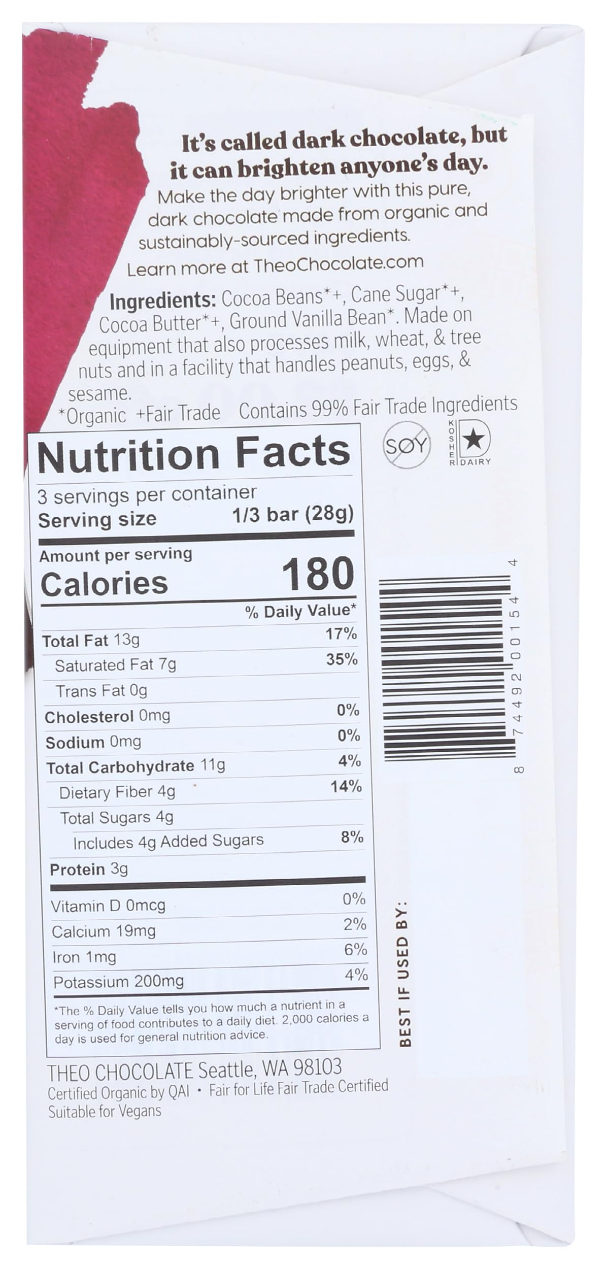 Theo Chocolate Pure Organic Dark Chocolate Bar, 85% Cacao, 1 Bar | Vegan, Fair Trade