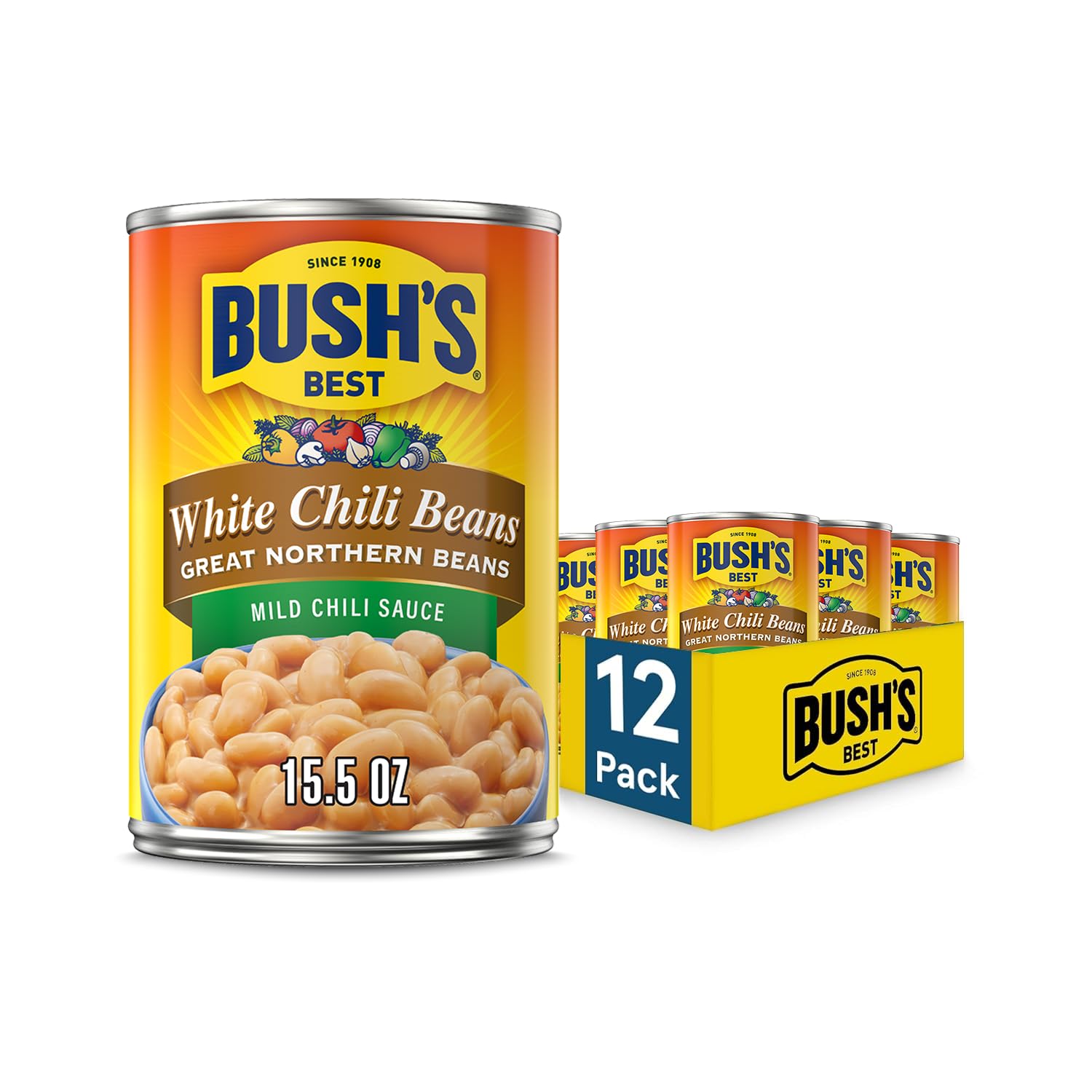BUSH S BEST 15.5 oz Canned White Chili Bean Mild, Source of Plant Based Protein and Fiber, Low Fat, Gluten Free, (Pack of 12), 