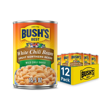 BUSH S BEST 15.5 oz Canned White Chili Bean Mild, Source of Plant Based Protein and Fiber, Low Fat, Gluten Free, (Pack of 12), 