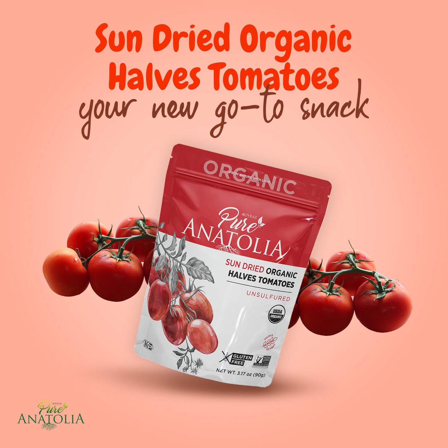 Sun Dried Organic Tomatoes Halves Cut By Pure Anatolia (Resealable Portion Control Packs, Non-Gmo, Gluten-Free, Vegan, Unsulfure
