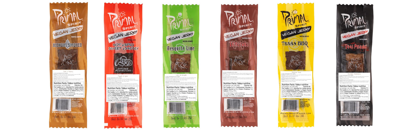 Primal Spirit Vegan Jerky Classics Pack - 18 Count, 1 oz. Assortment of Flavors: Teriyaki, Hickory Smoked, BBQ, Thai Peanut, Hot & Sp