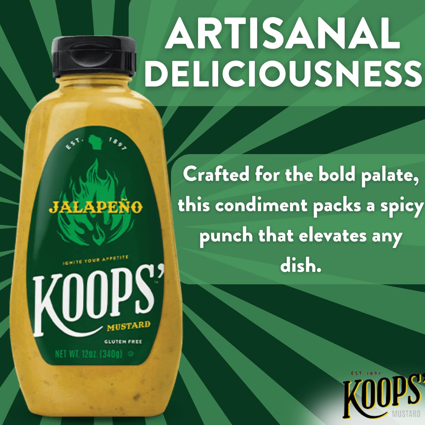 Koops  Jalapeno Mustard - Spicy Gourmet Mustard, Gluten-Free, Kosher, Made in USA, From Quality Mustard Seeds, Hot Mustard Sauc