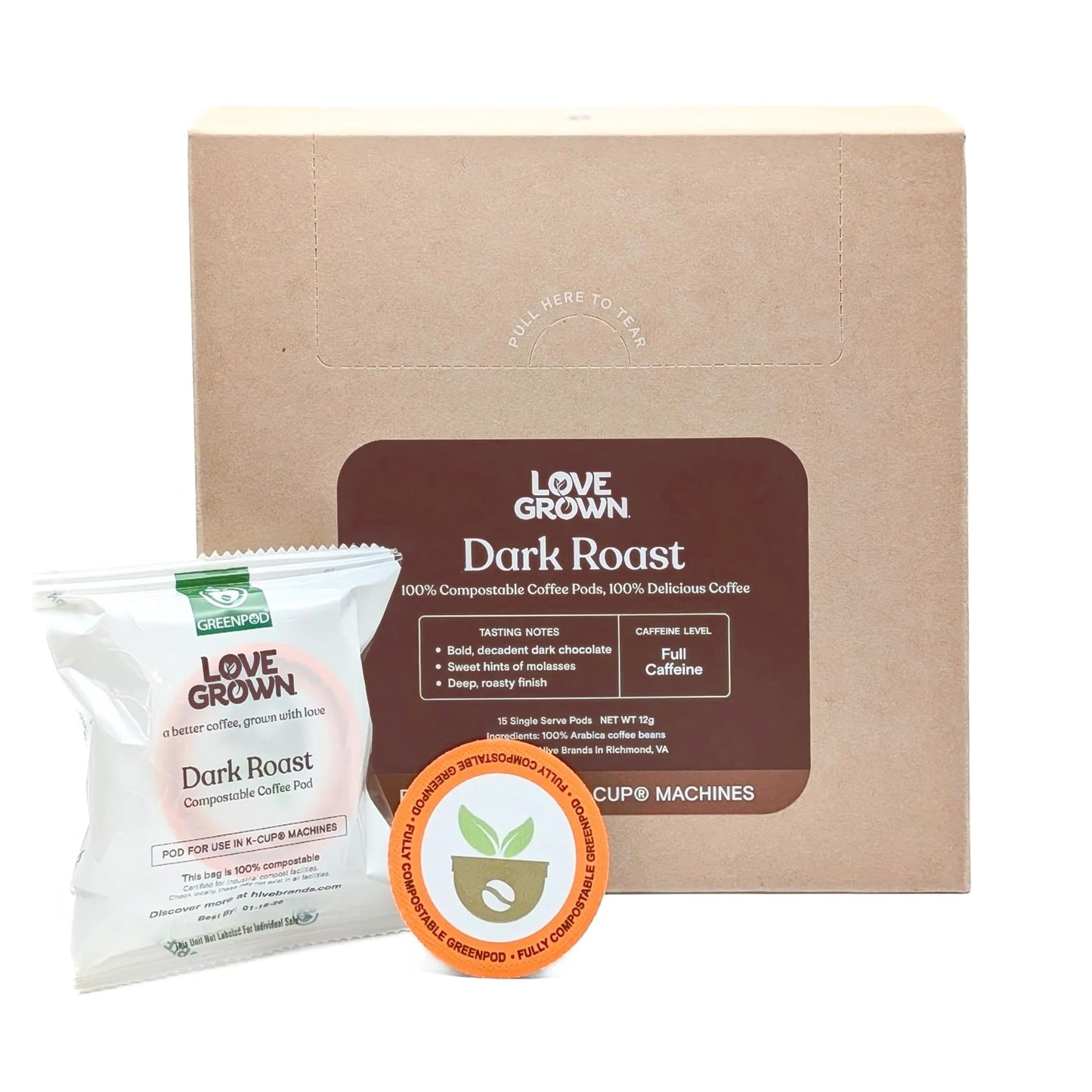 Love Grown Compostable Coffee Pods - Compatible With Single-Serve Brewing Machines - 100% Arabica Beans  Plastic-Free  Gluten-Free  Non-Gmo - Dark Roast  Box Of 15
