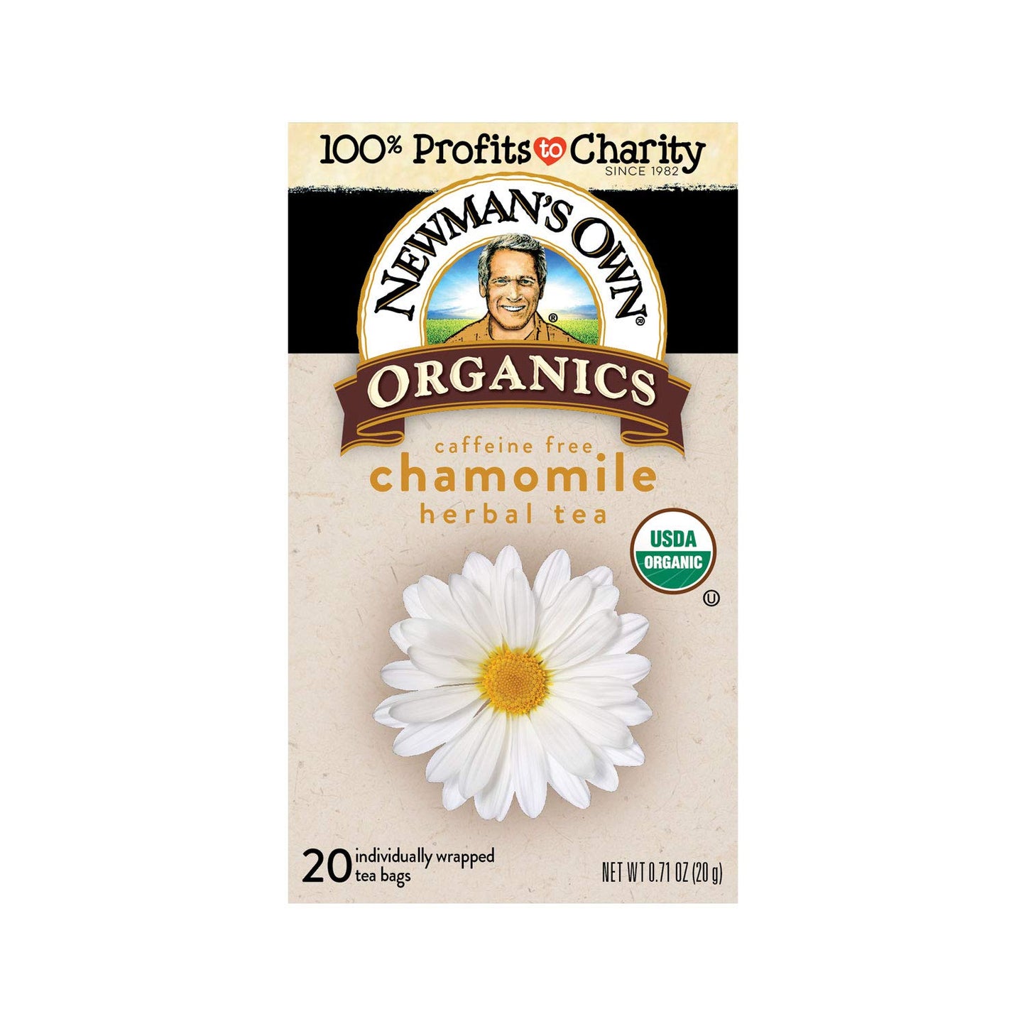 Newmans Own Chamomile Tea, Caffeine Free Herbal Tea, 20 Count (Pack of 6)