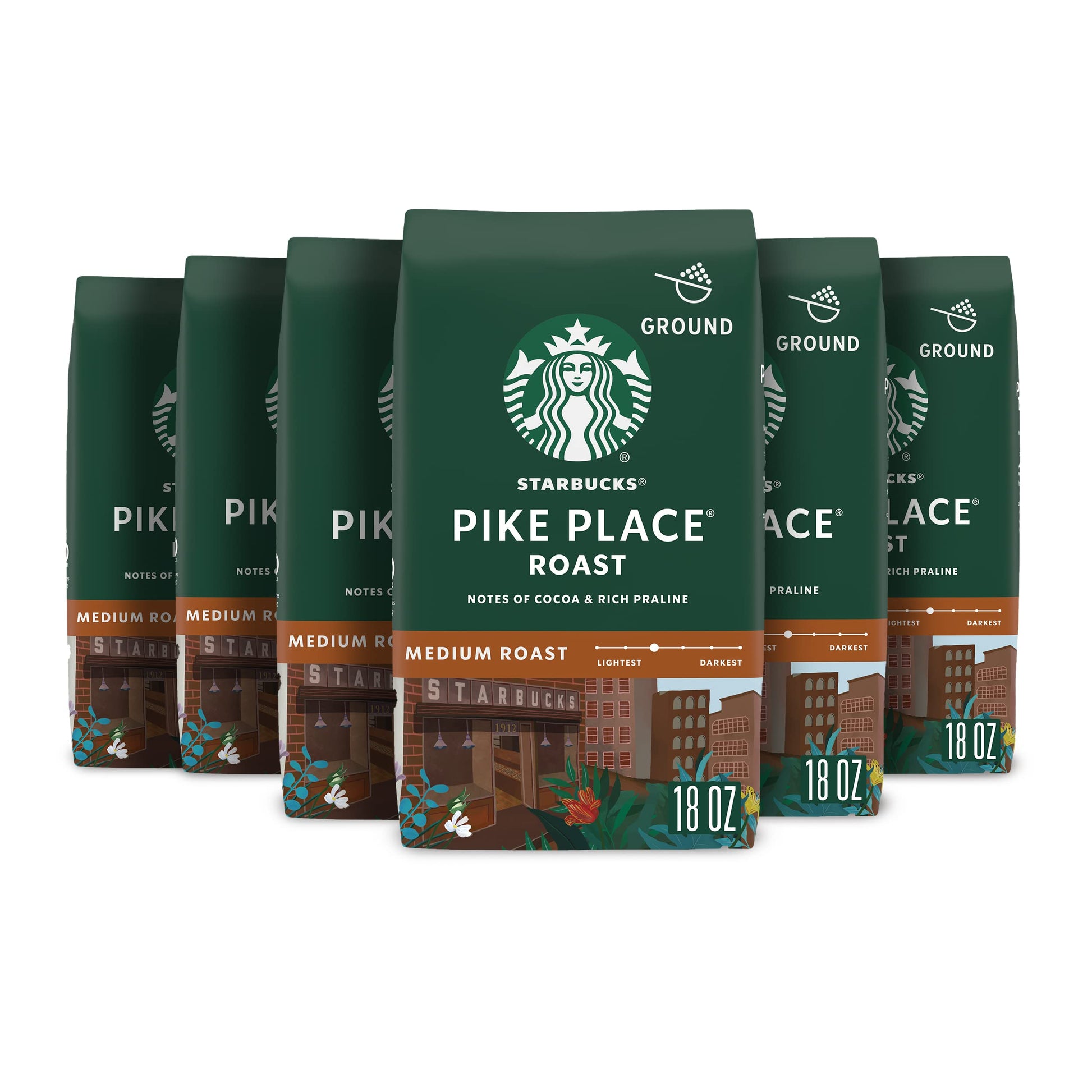 Starbucks Ground Coffee - Medium Roast, 100% Arabica, Pike Place, 18 oz Bags, Pack of 6