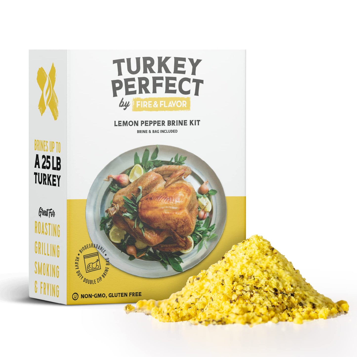 Fire & Flavor Lemon Pepper Turkey Perfect Brine - Turkey Brine Kit with Bag for Roasting  Grilling  smoky aroma  and Frying - Brining Seasonings for Cooking and Turkey Brine Bag - Turkey Brine and Rub Kit