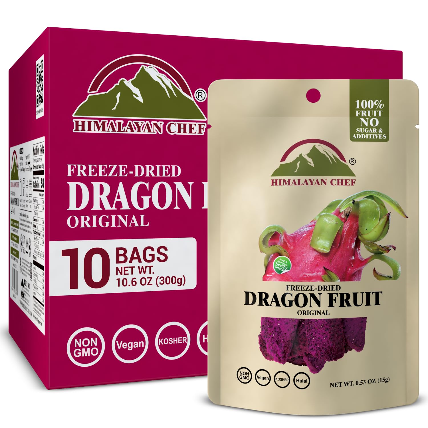 Himalayan Chef Freeze-Dried Dragon Fruit 15g/Each (Pack of 10) | Organic Dried Fruit Snacks, Healthy Snack for Kids & Adults, Fr