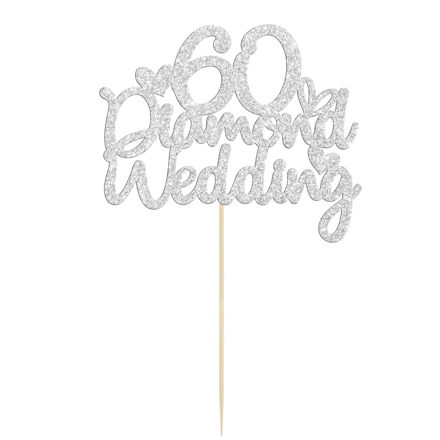 Gyufise 1Pcs 60Th Wedding Anniversary Cake Toppers With Heart Silver Glitter 60Th Diamond Wedding Anniversary Heart Cake Decorat
