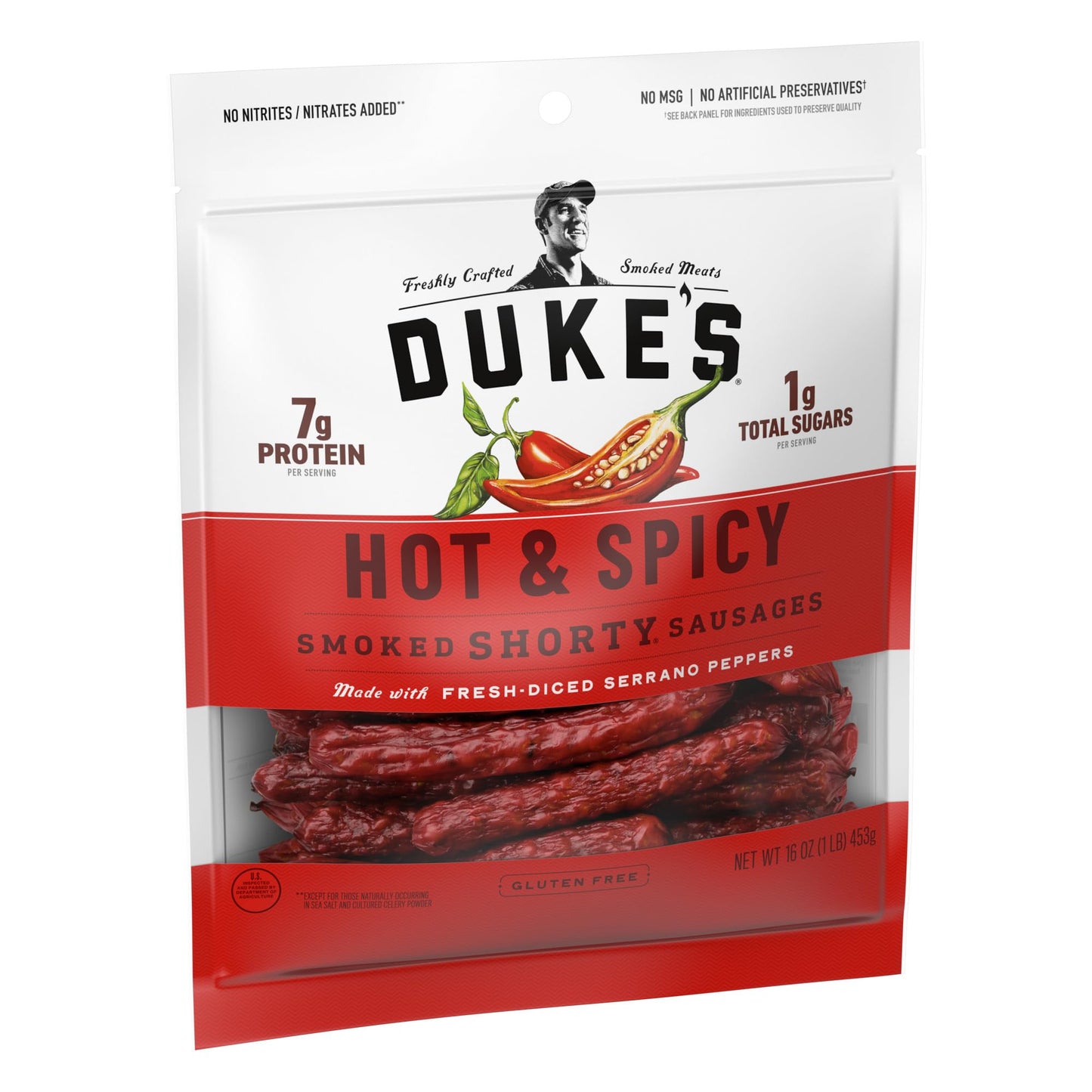 DUKE'S Pork Hot & Spicy Smoked Shorty Sausages, 16 oz, 7g Protein, Perfect for Charcuterie Boards